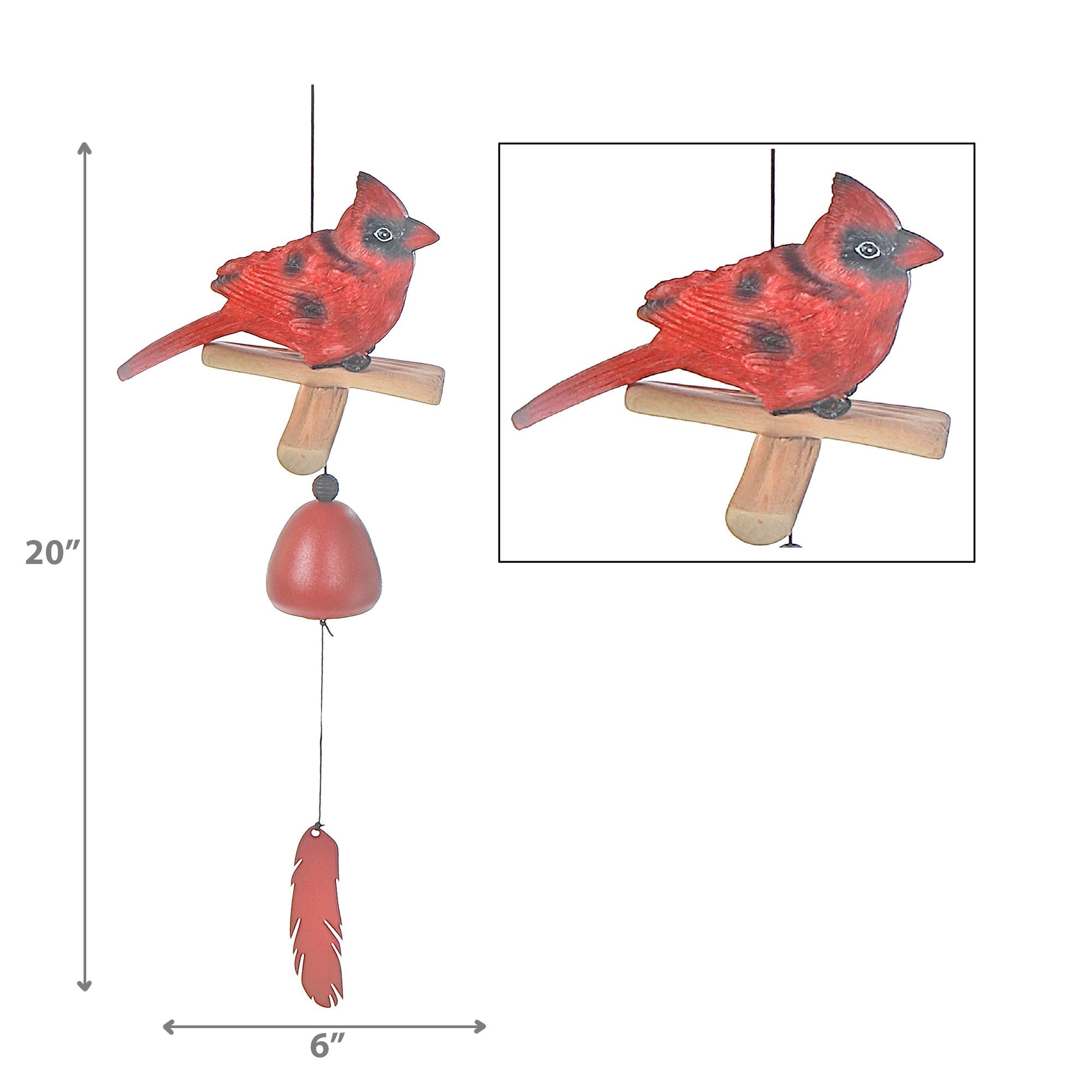 20 Inch Cardinal Bell with Feather, Outdoor Hanging Wind Chime, Garden Decor