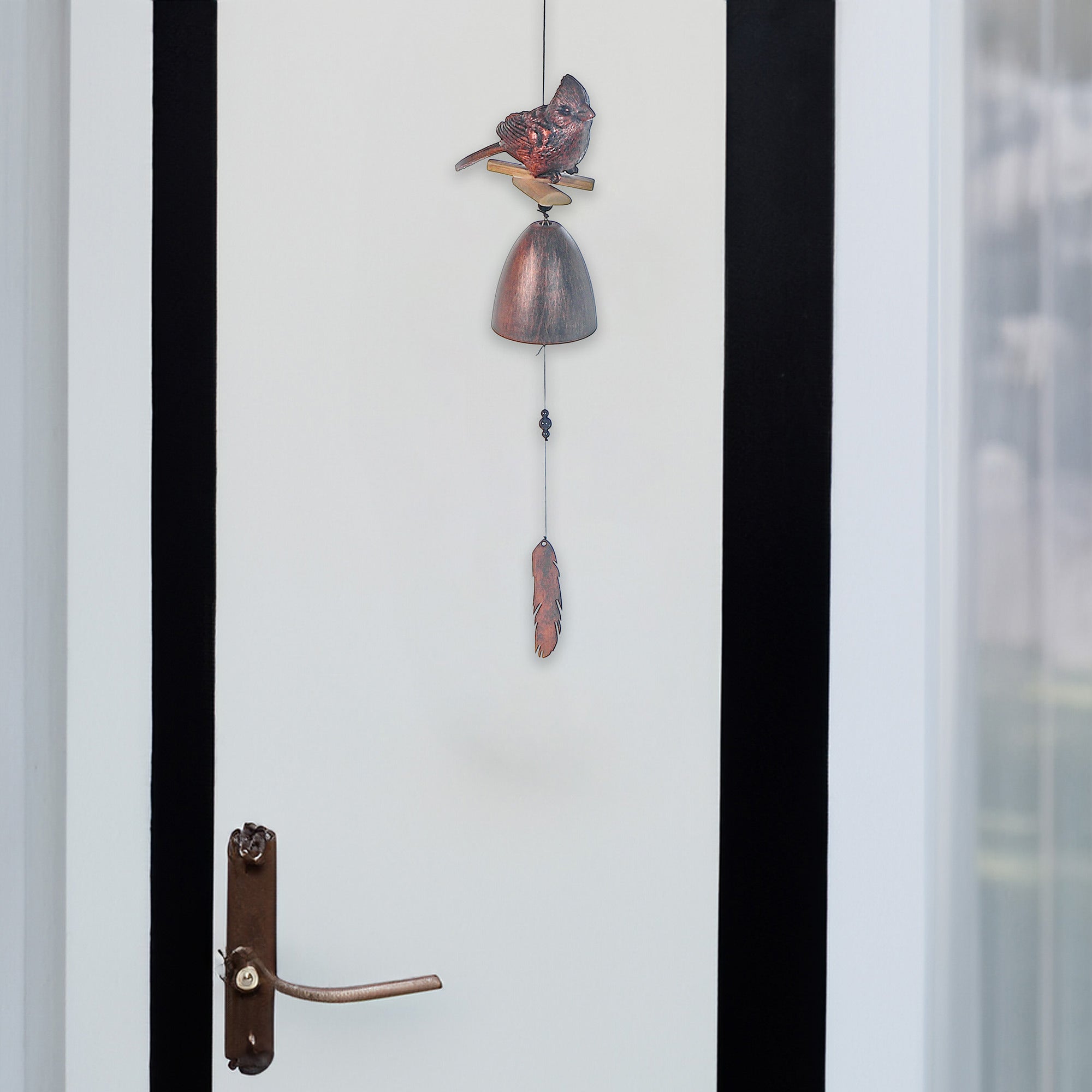 24 Inch Copper Cardinal Bell with Feather, Outdoor Garden Wind Chime, Rustic Yard Decor