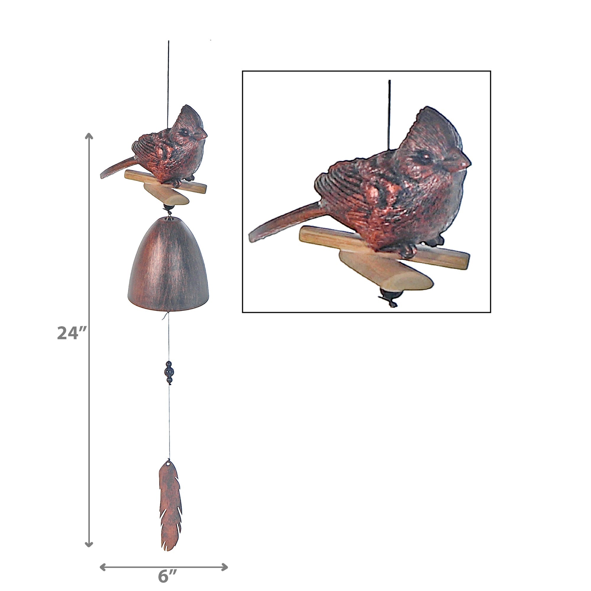 24 Inch Copper Cardinal Bell with Feather, Outdoor Garden Wind Chime, Rustic Yard Decor
