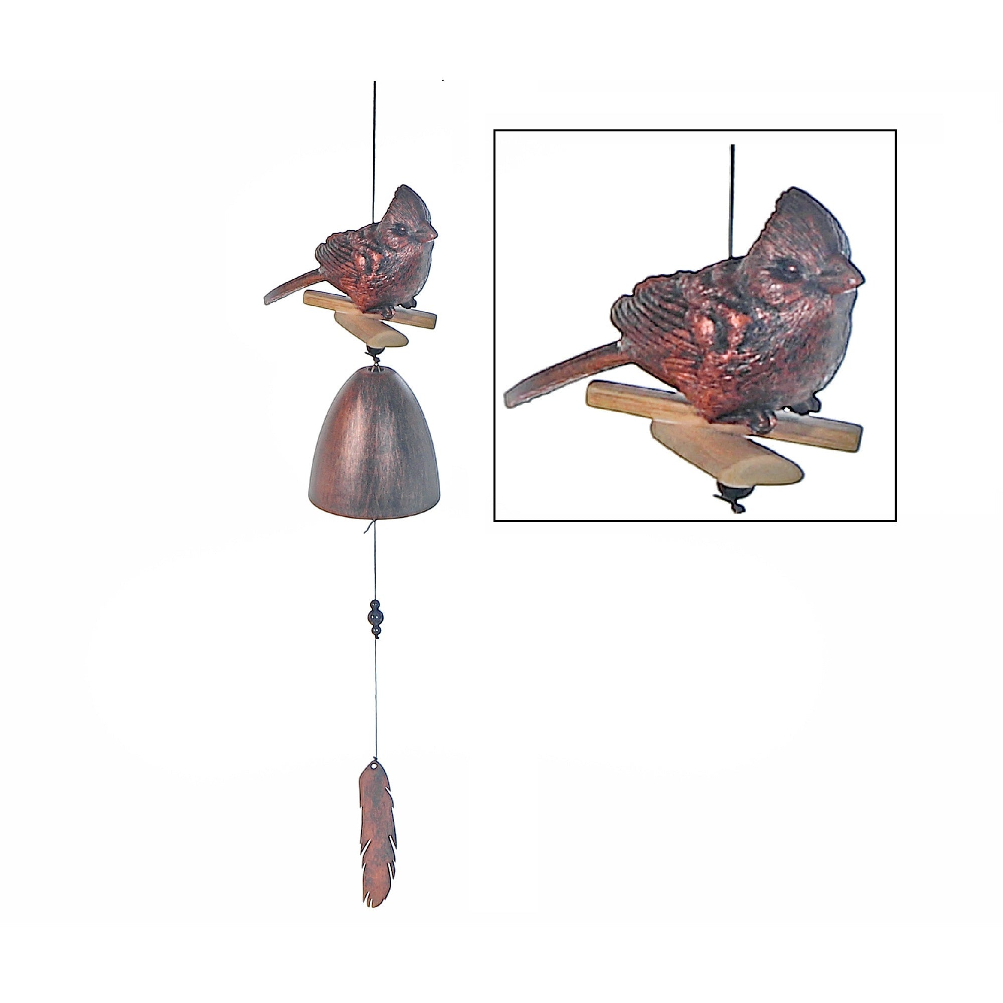 24 Inch Copper Cardinal Bell with Feather, Outdoor Garden Wind Chime, Rustic Yard Decor