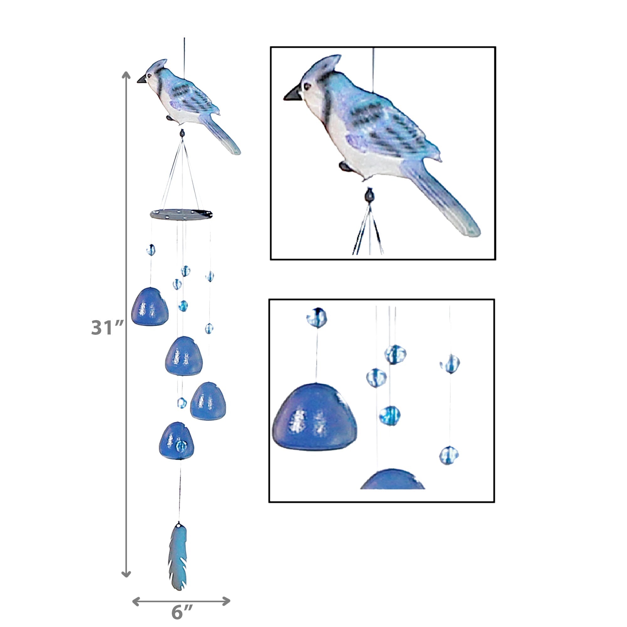 31 Inch Blue Jay Bell with Gem Stones, Outdoor Garden Hanging Chime, Decorative Accent