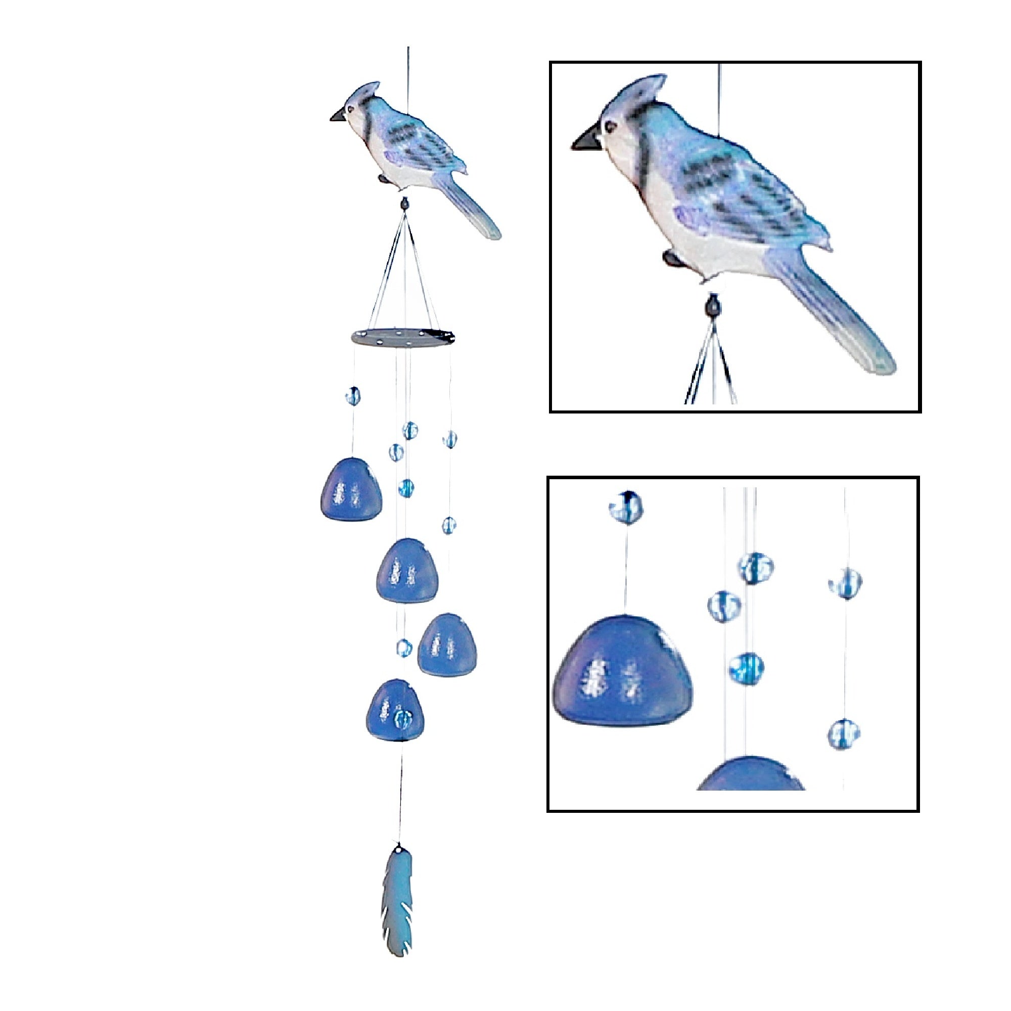 31 Inch Blue Jay Bell with Gem Stones, Outdoor Garden Hanging Chime, Decorative Accent