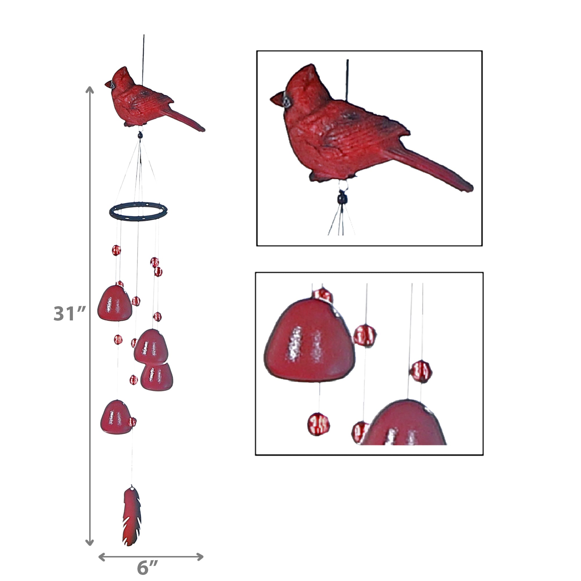 31 Inch Cardinal Bell with Gem Stones, Outdoor Patio Wind Chime, Bird Garden Decor