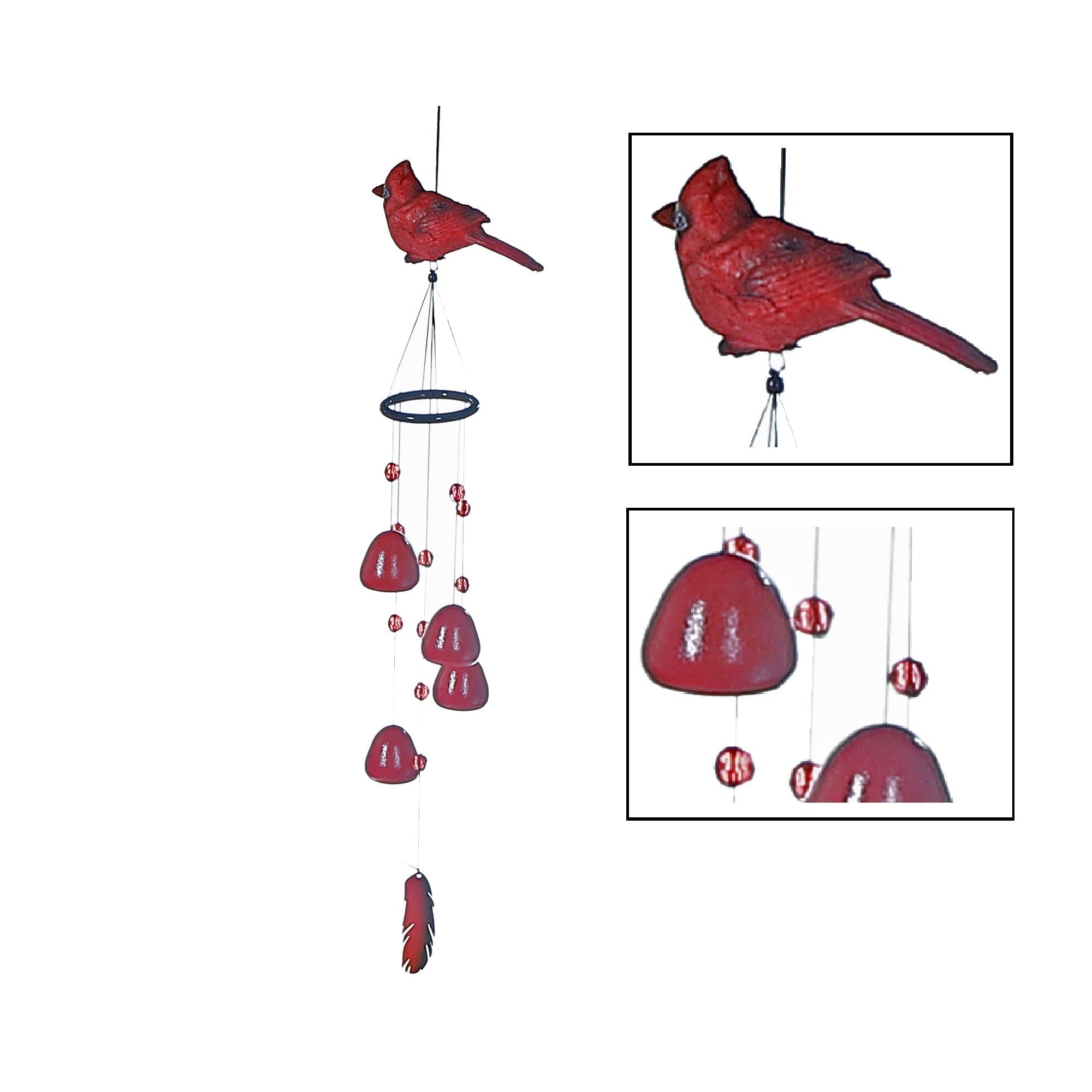 31 Inch Cardinal Bell with Gem Stones, Outdoor Patio Wind Chime, Bird Garden Decor