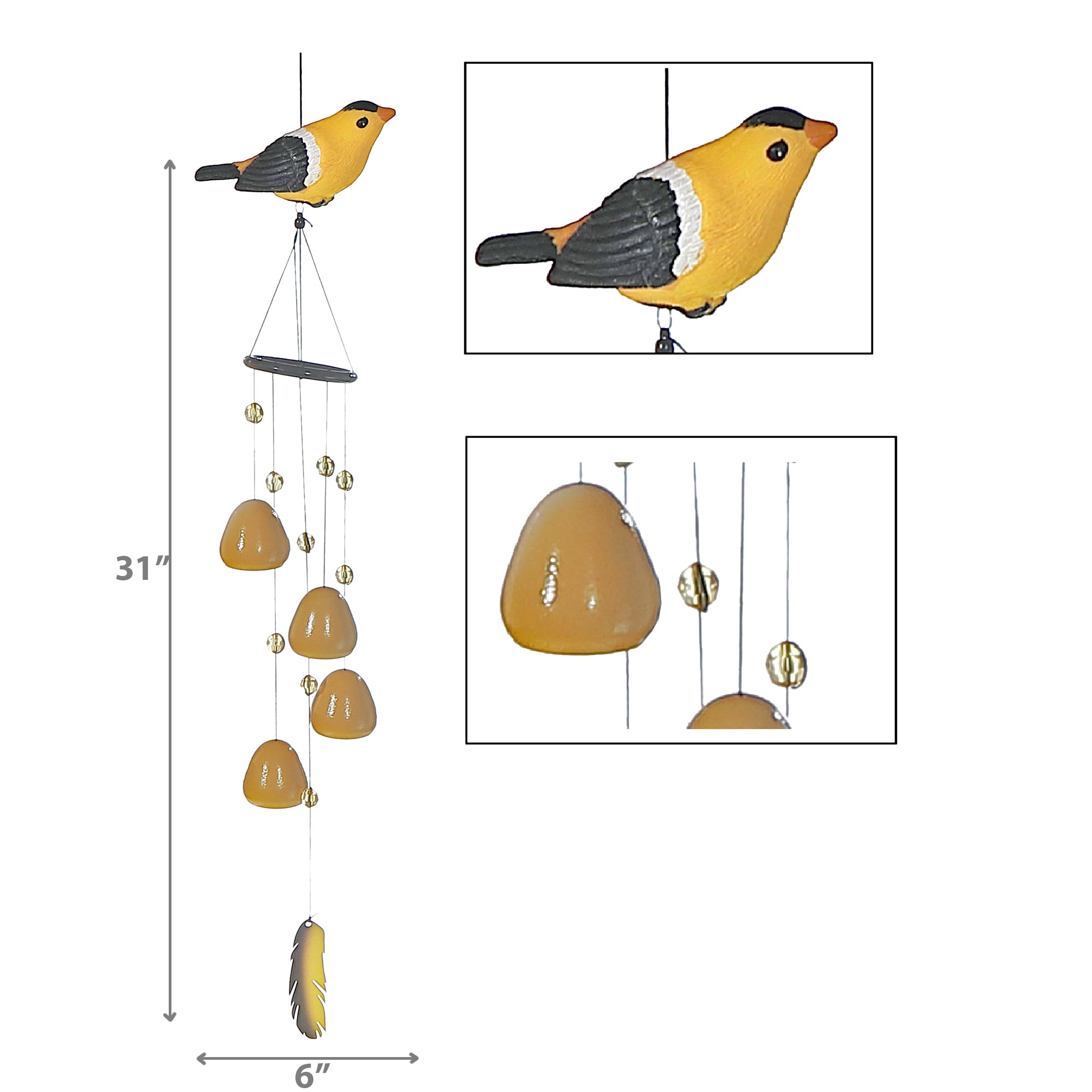 31 Inch Finch Bell with Gem Stones, Outdoor Garden Wind Chime, Decorative Hanging Accent