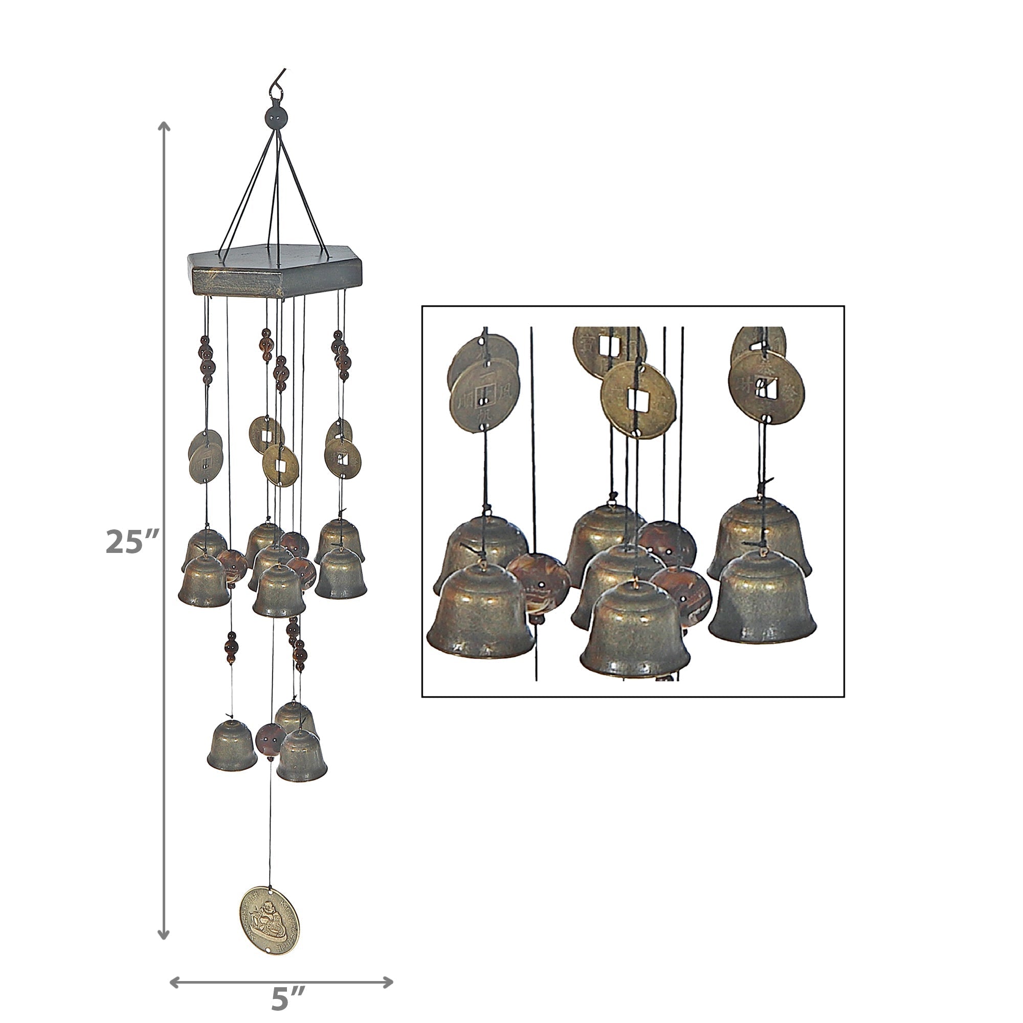 25 Inch Bell and Stone Wind Chime, Outdoor Garden Hanging Decor, Relaxing Patio Sound