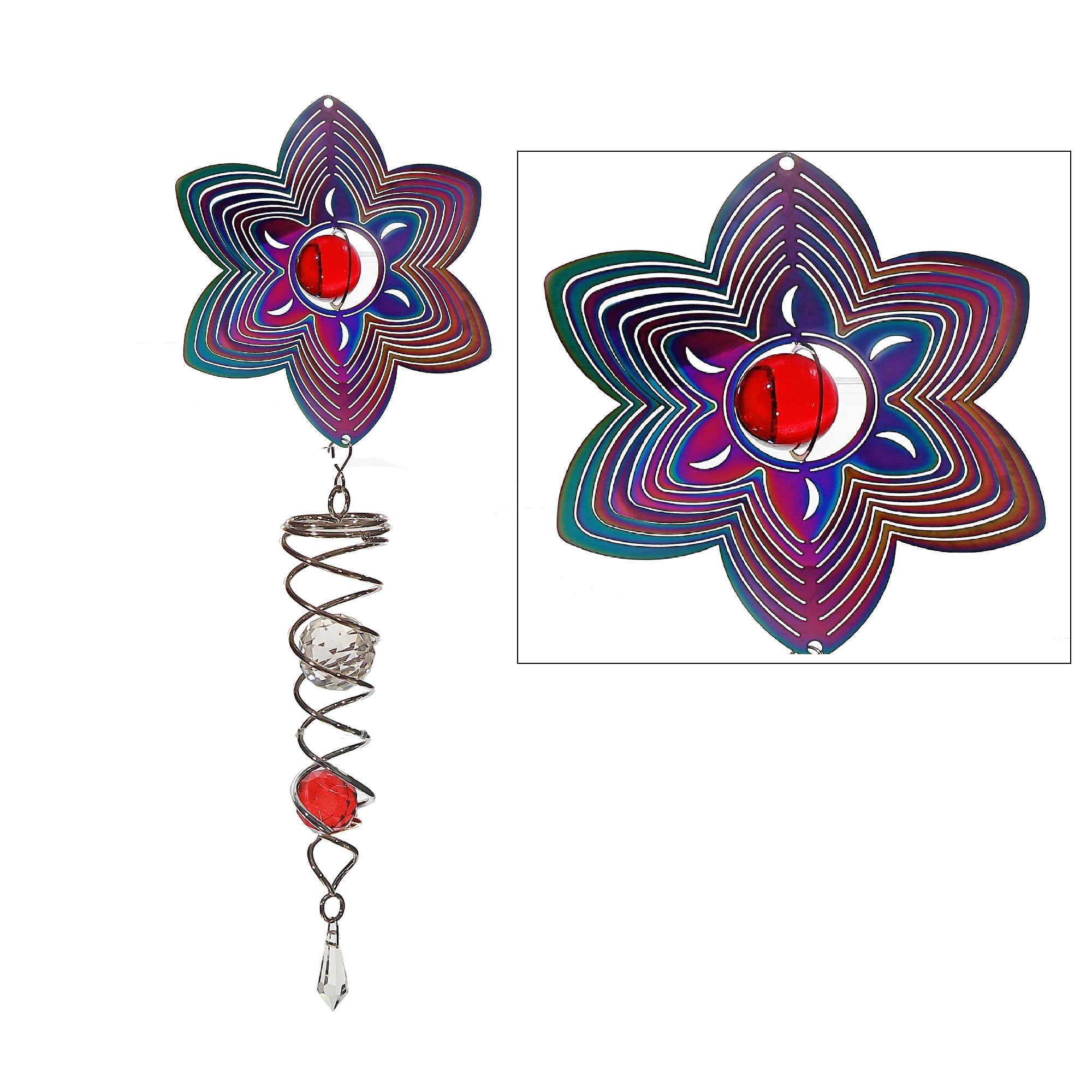 23 Inch Wind Spinner with Tail Flower Design, Outdoor Metal Garden Ornament