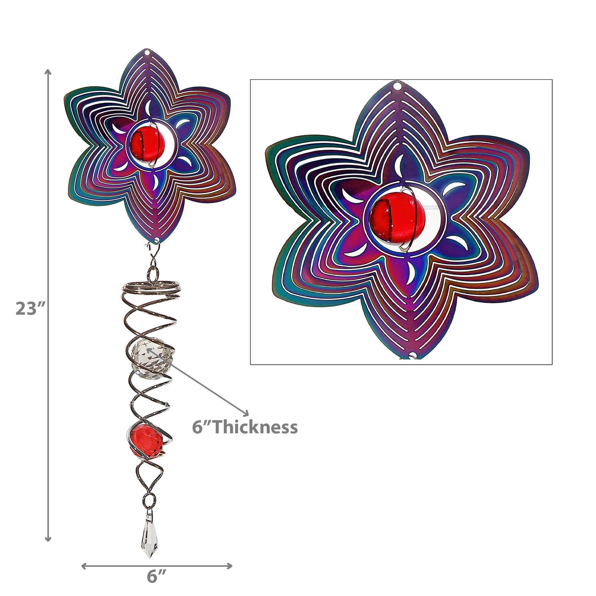 23 Inch Wind Spinner with Tail Flower Design, Outdoor Metal Garden Ornament