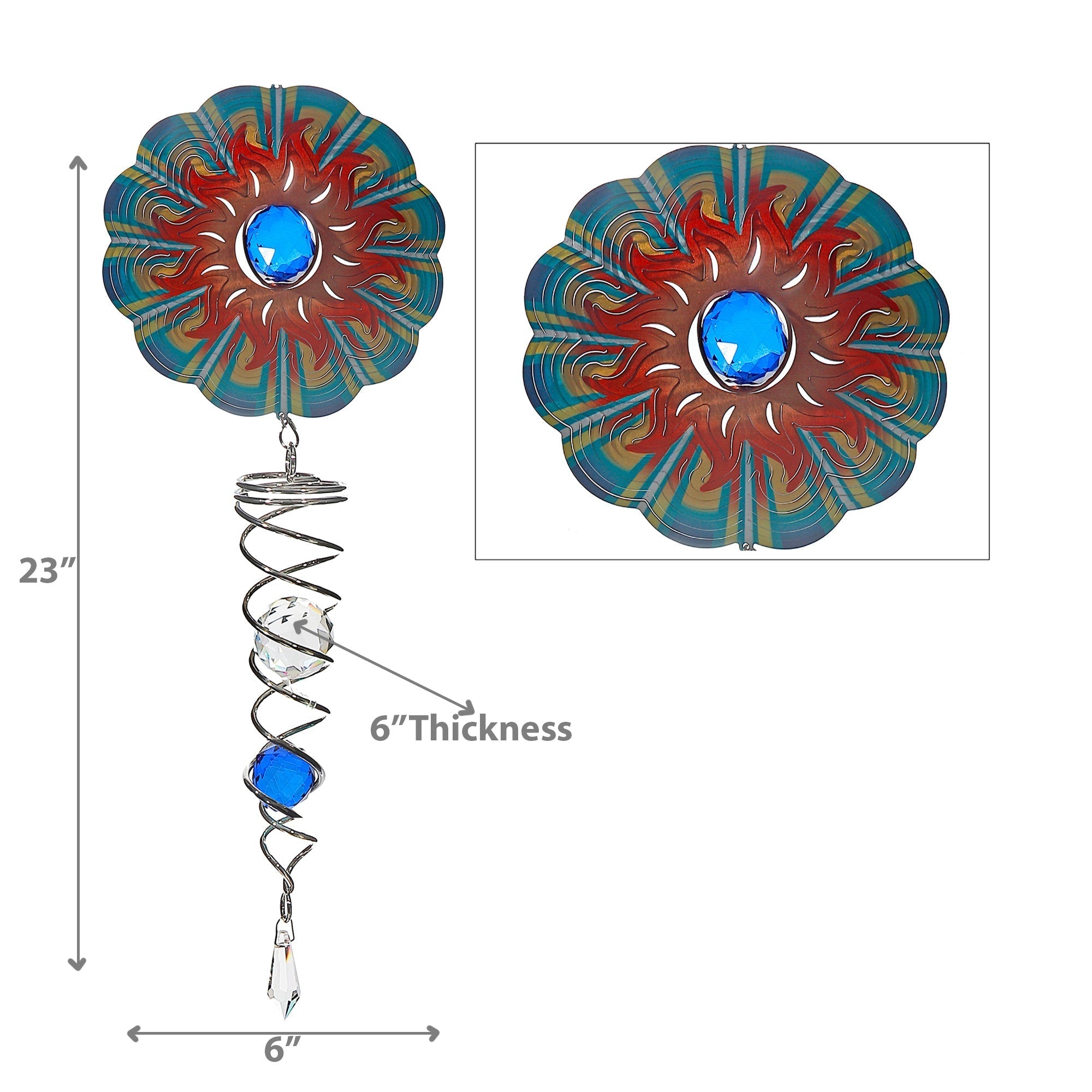 23 Inch Wind Spinner with Tail Fire Design, Outdoor Garden Decor, Metal Yard Art