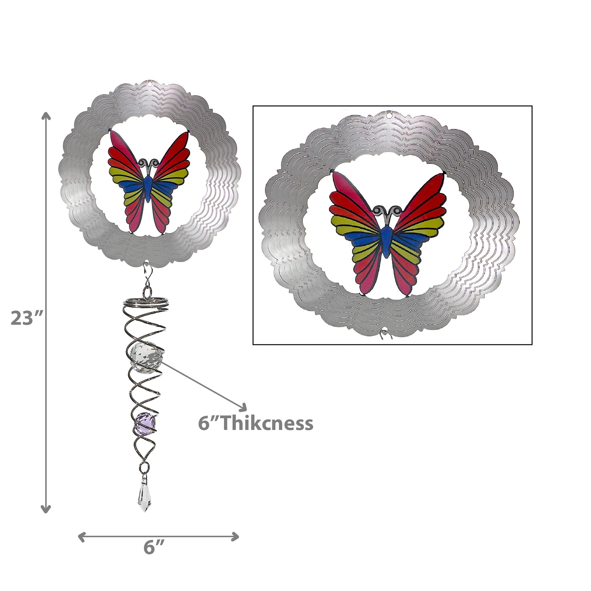 23 Inch Wind Spinner with Tail Butterfly, Outdoor Metal Garden Decor, Yard Art