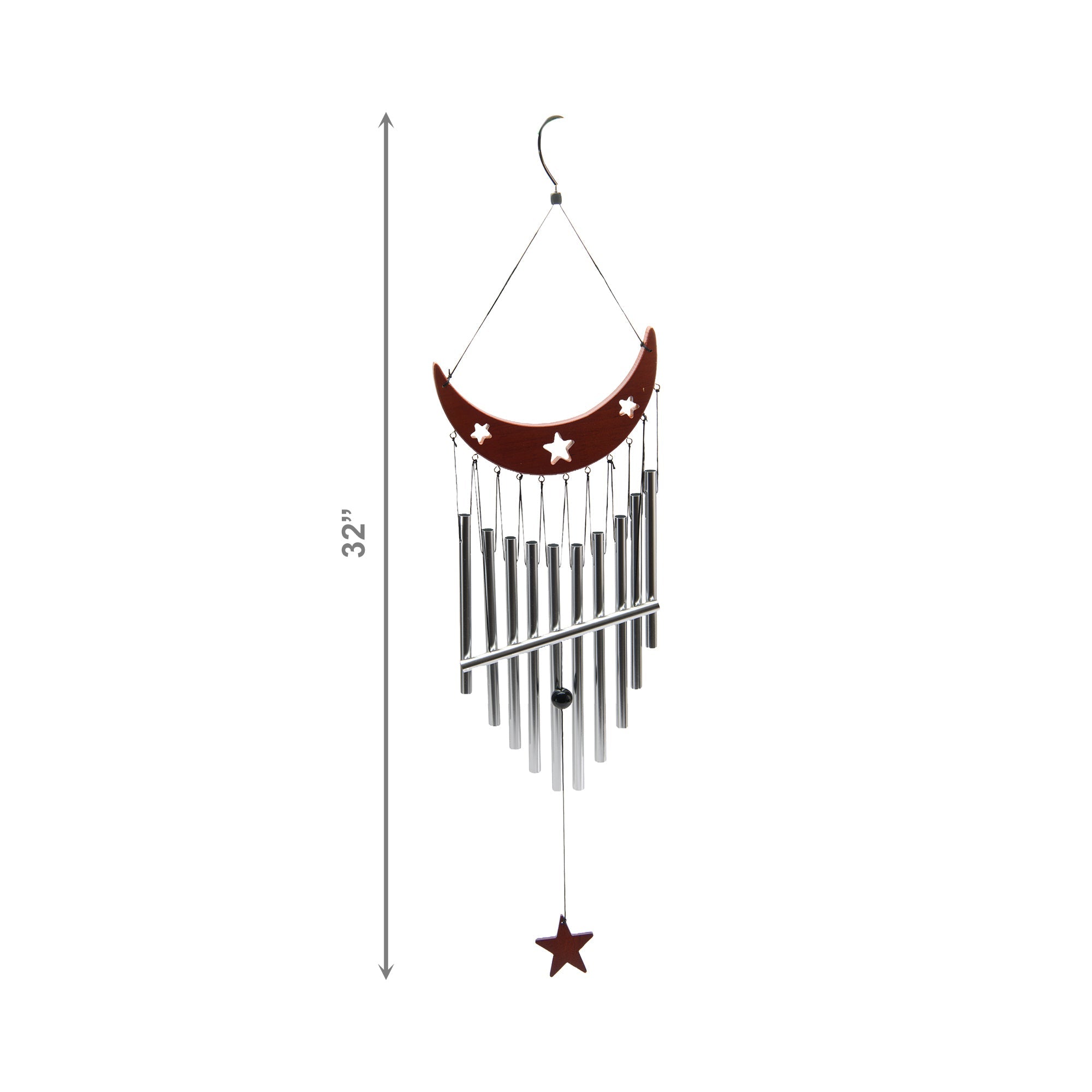 32" Wooden Star & Moon Windchime with Metal Accents