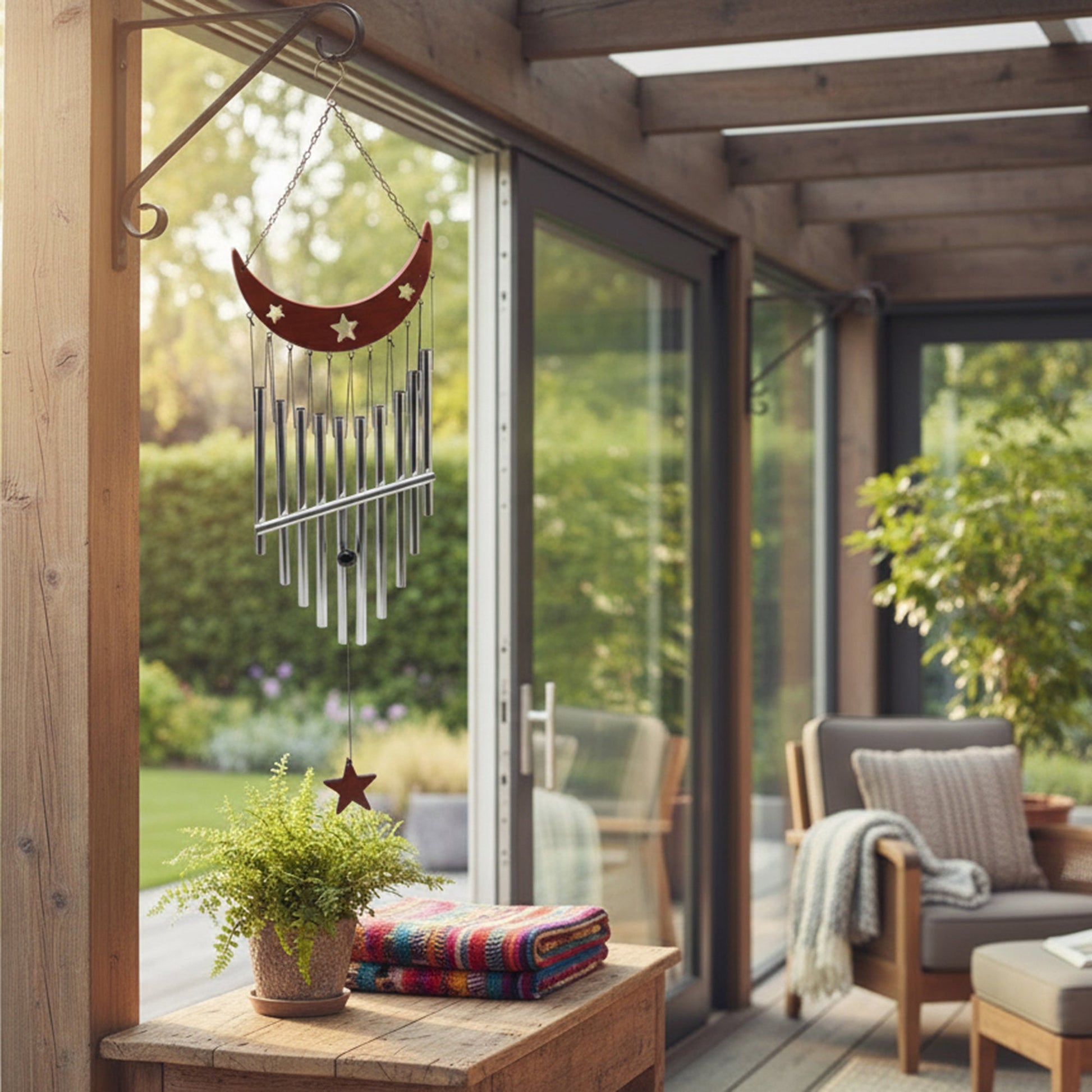 32" Wooden Star & Moon Windchime with Metal Accents