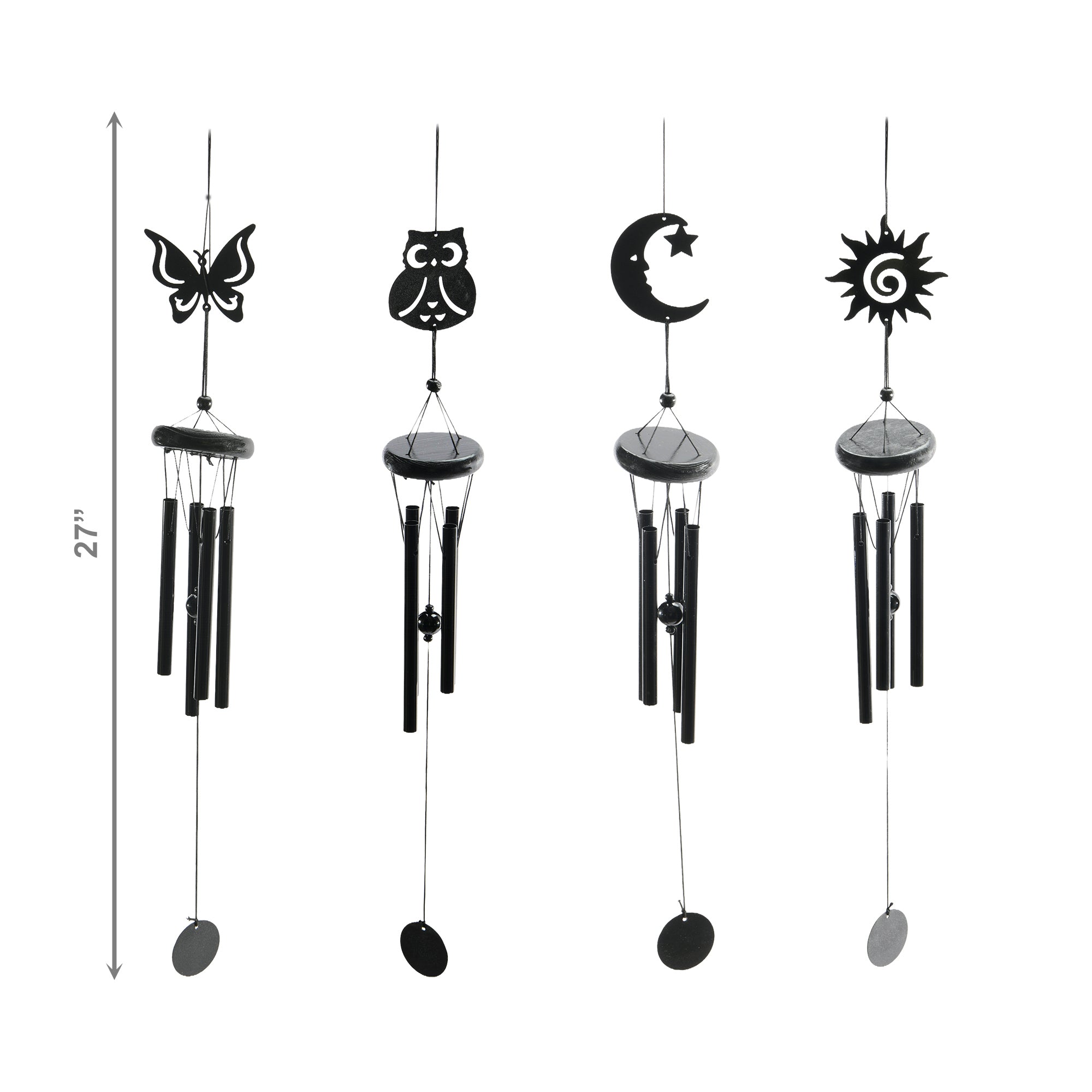 27" Black Metal Windchime with Hanging Ornaments - Set of 4