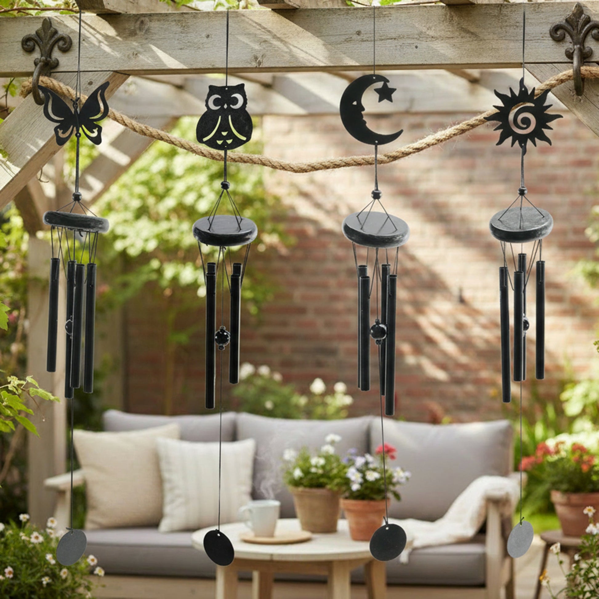 27" Black Metal Windchime with Hanging Ornaments - Set of 4