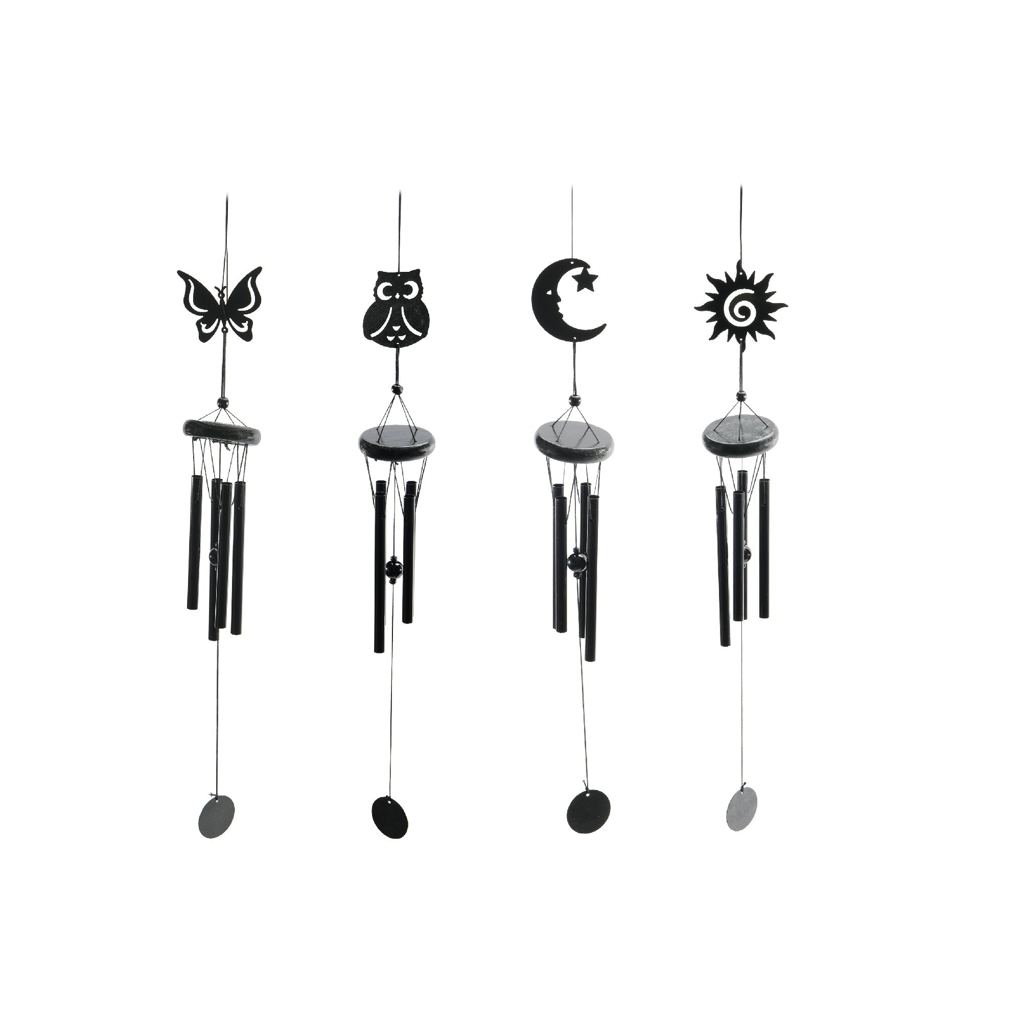 27" Black Metal Windchime with Hanging Ornaments - Set of 4