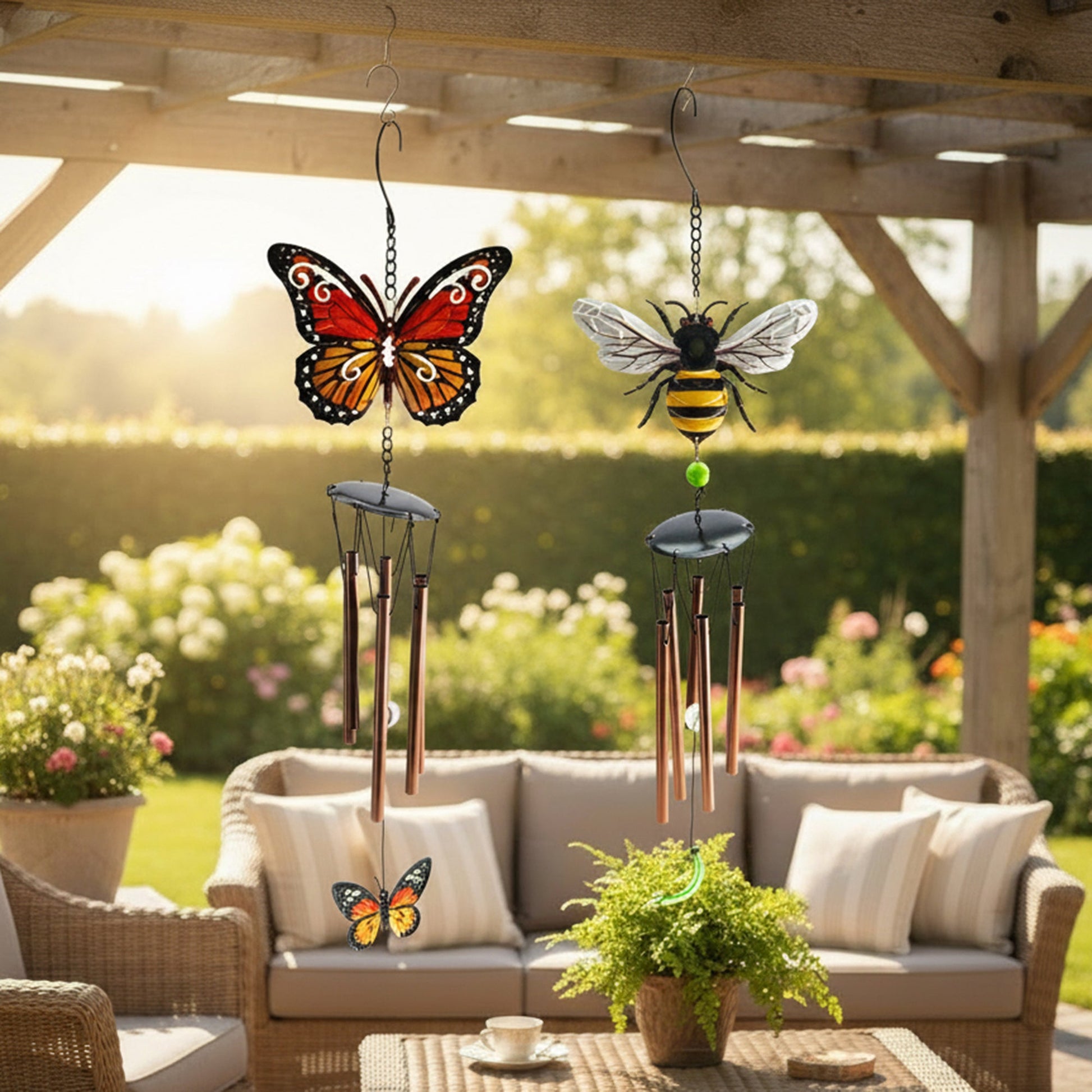 29.5" Metal Windchime with Bee or Butterfly Accent - Set of 2