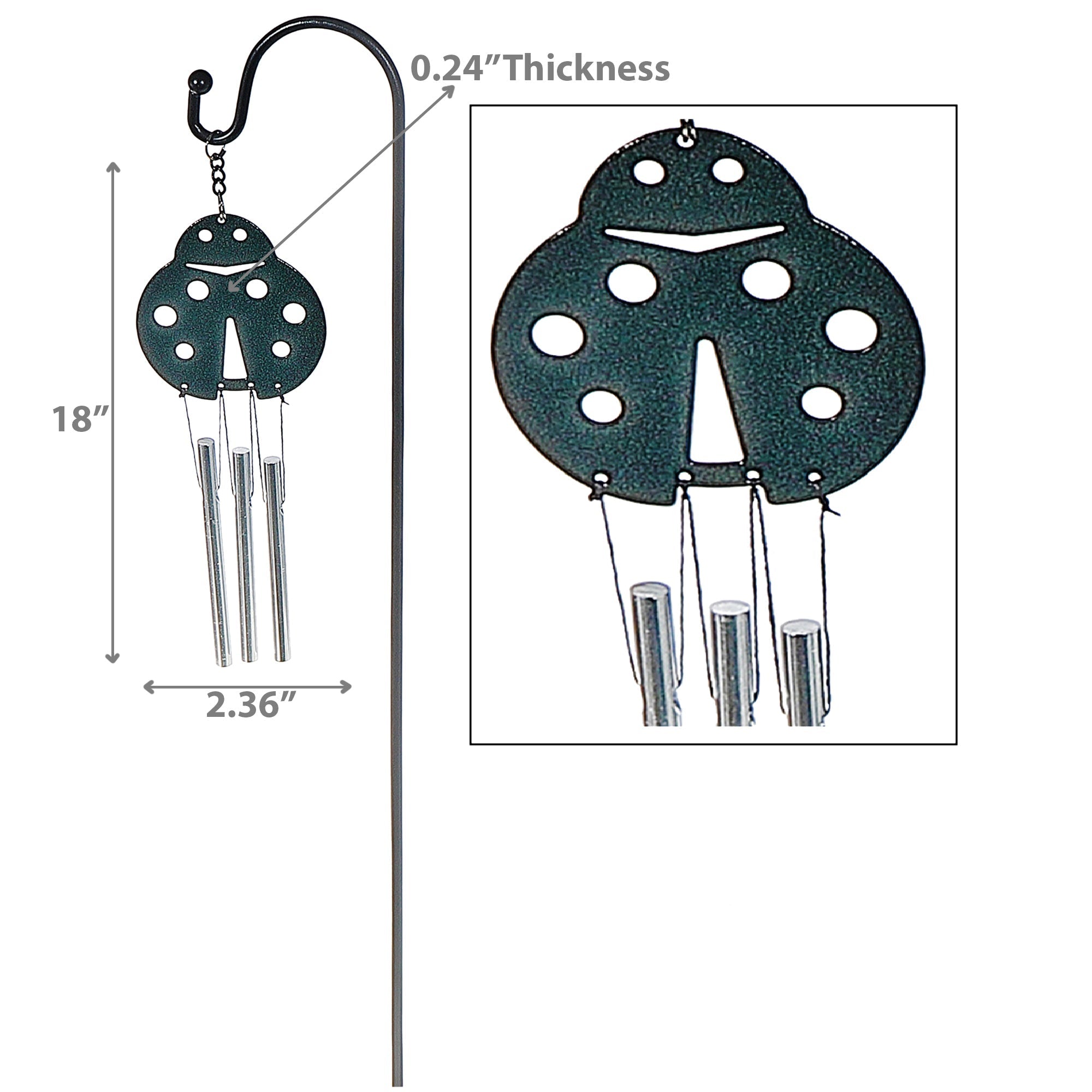 18 Inch Mini Garden Stake Chime Ladybug, Outdoor Lawn Decor, Metal Yard Ornament