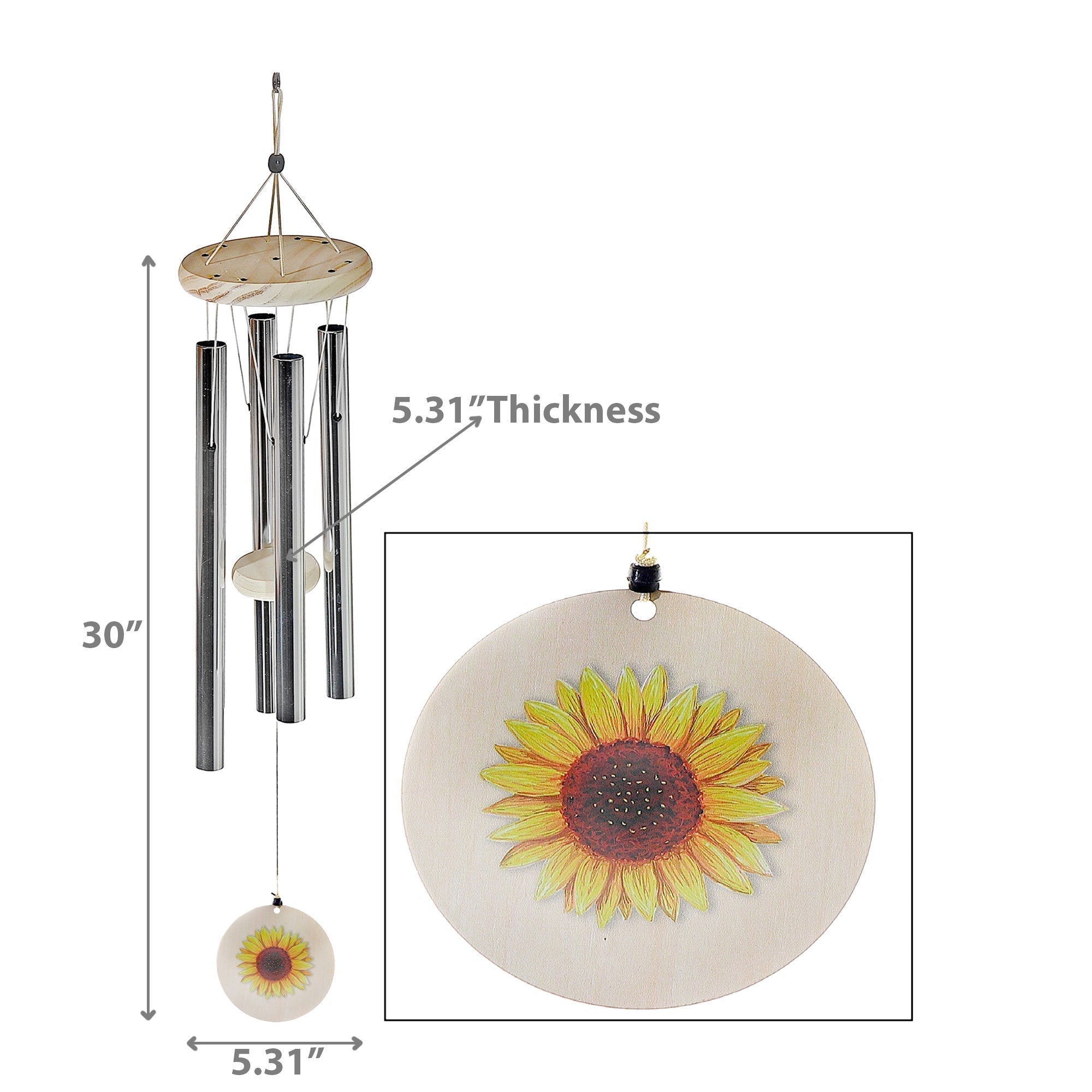 30 Inch Round Natural Wind Chime Sunflower, Rustic Outdoor Garden Decor, Hanging Chime