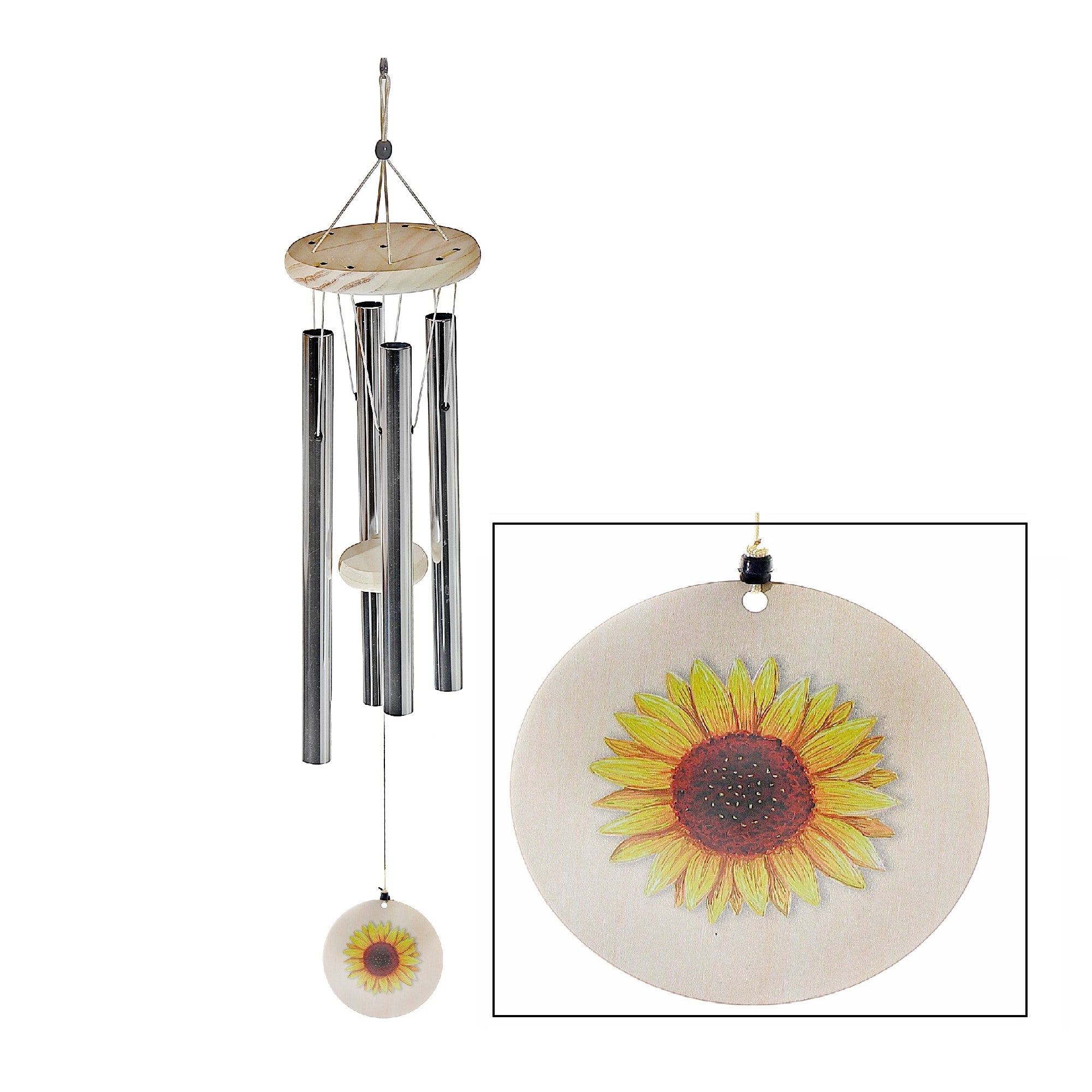 30 Inch Round Natural Wind Chime Sunflower, Rustic Outdoor Garden Decor, Hanging Chime