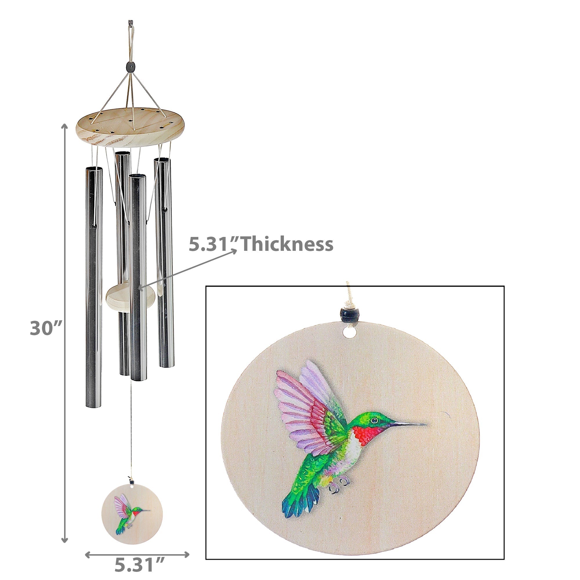 30 Inch Round Natural Wind Chime Hummingbird, Outdoor Patio Garden Decor, Soothing Chime
