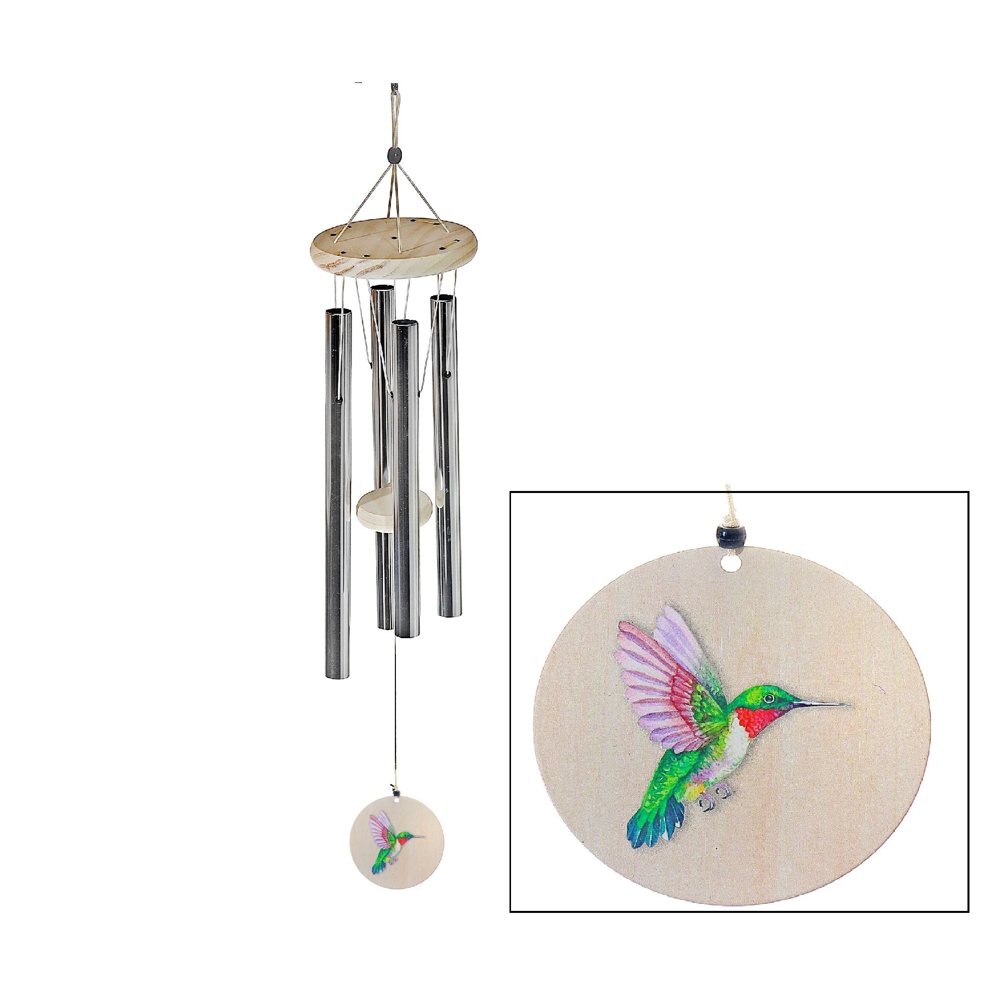 30 Inch Round Natural Wind Chime Hummingbird, Outdoor Patio Garden Decor, Soothing Chime