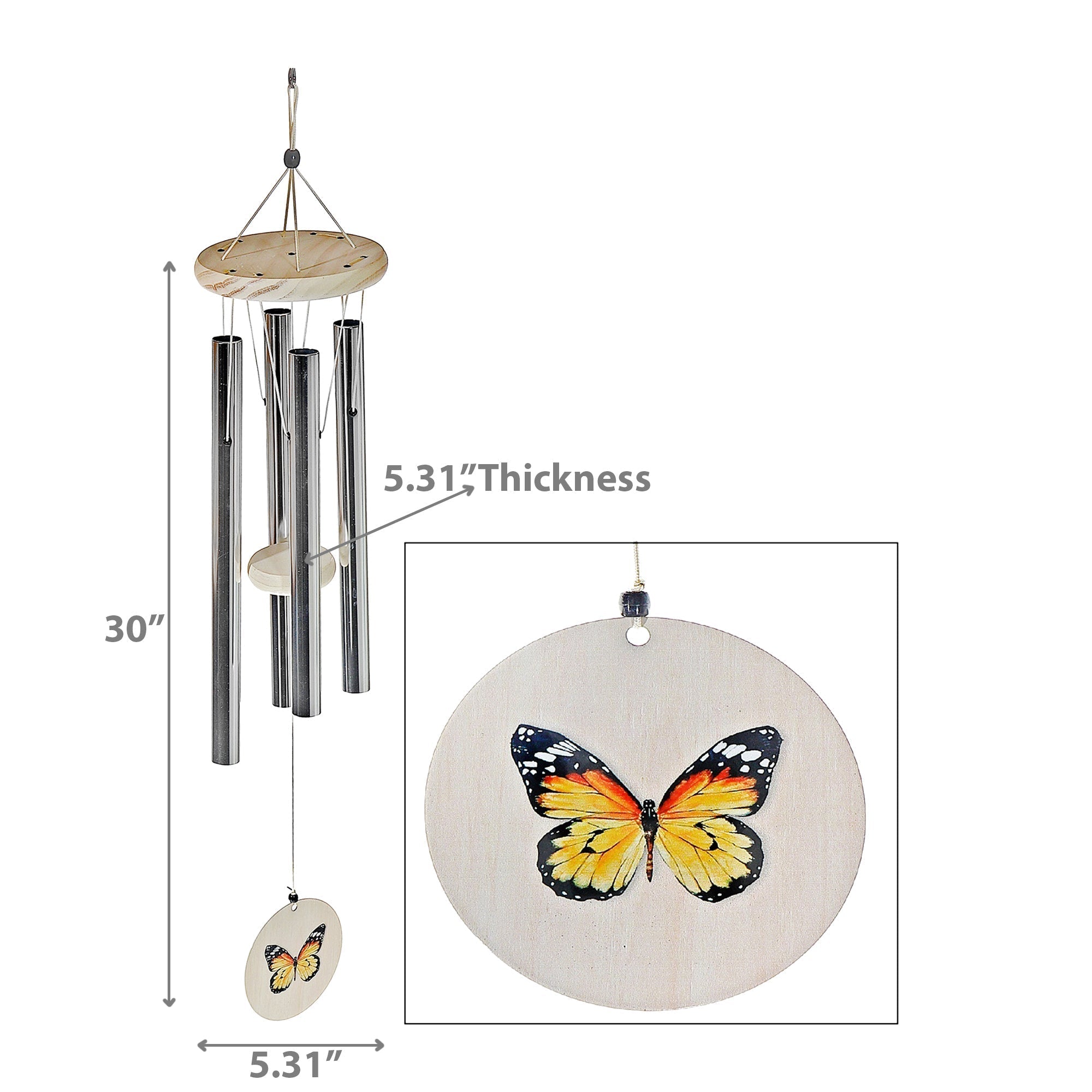 30 Inch Round Natural Wind Chime Butterfly, Outdoor Garden Hanging Decor, Relaxing Patio Sound