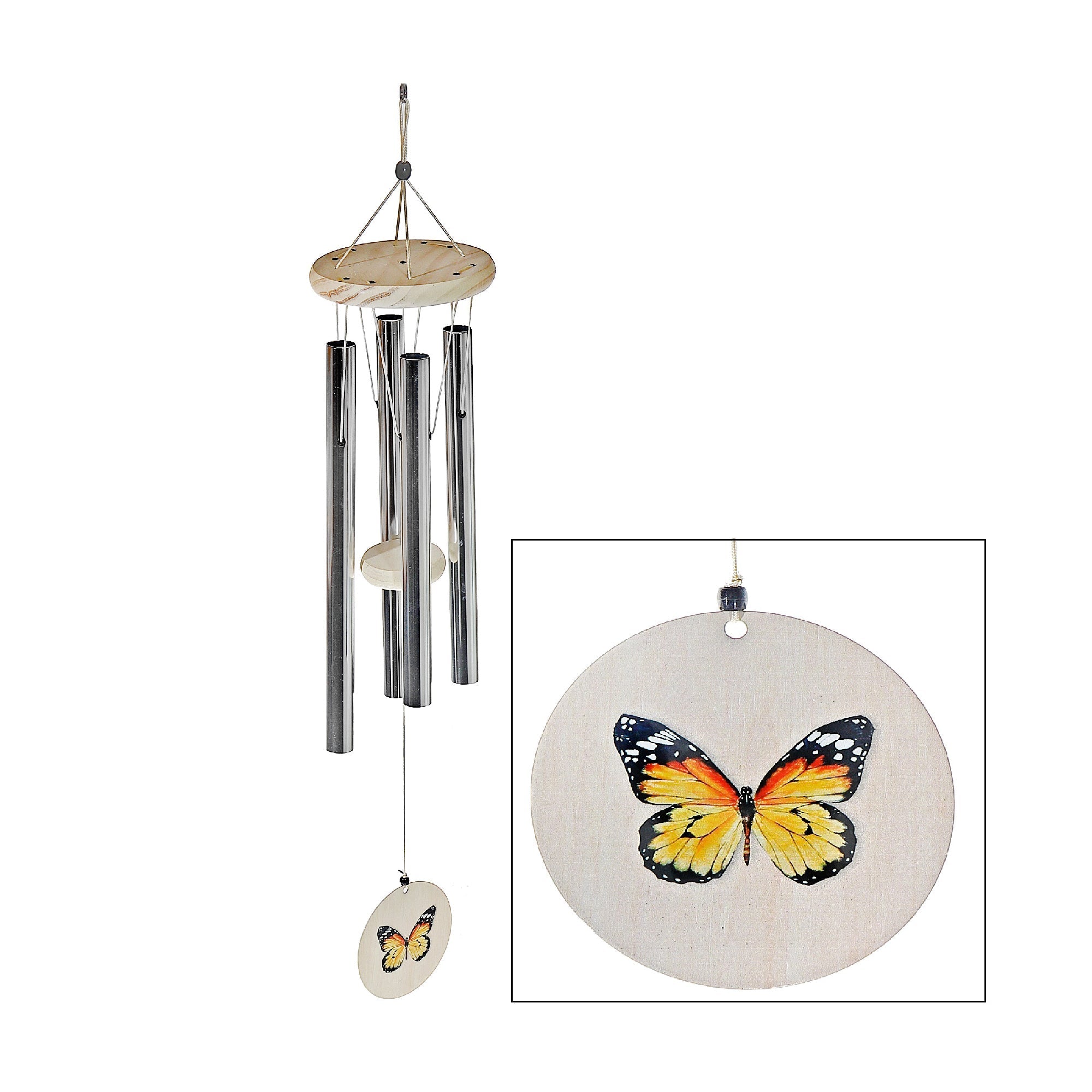 30 Inch Round Natural Wind Chime Butterfly, Outdoor Garden Hanging Decor, Relaxing Patio Sound
