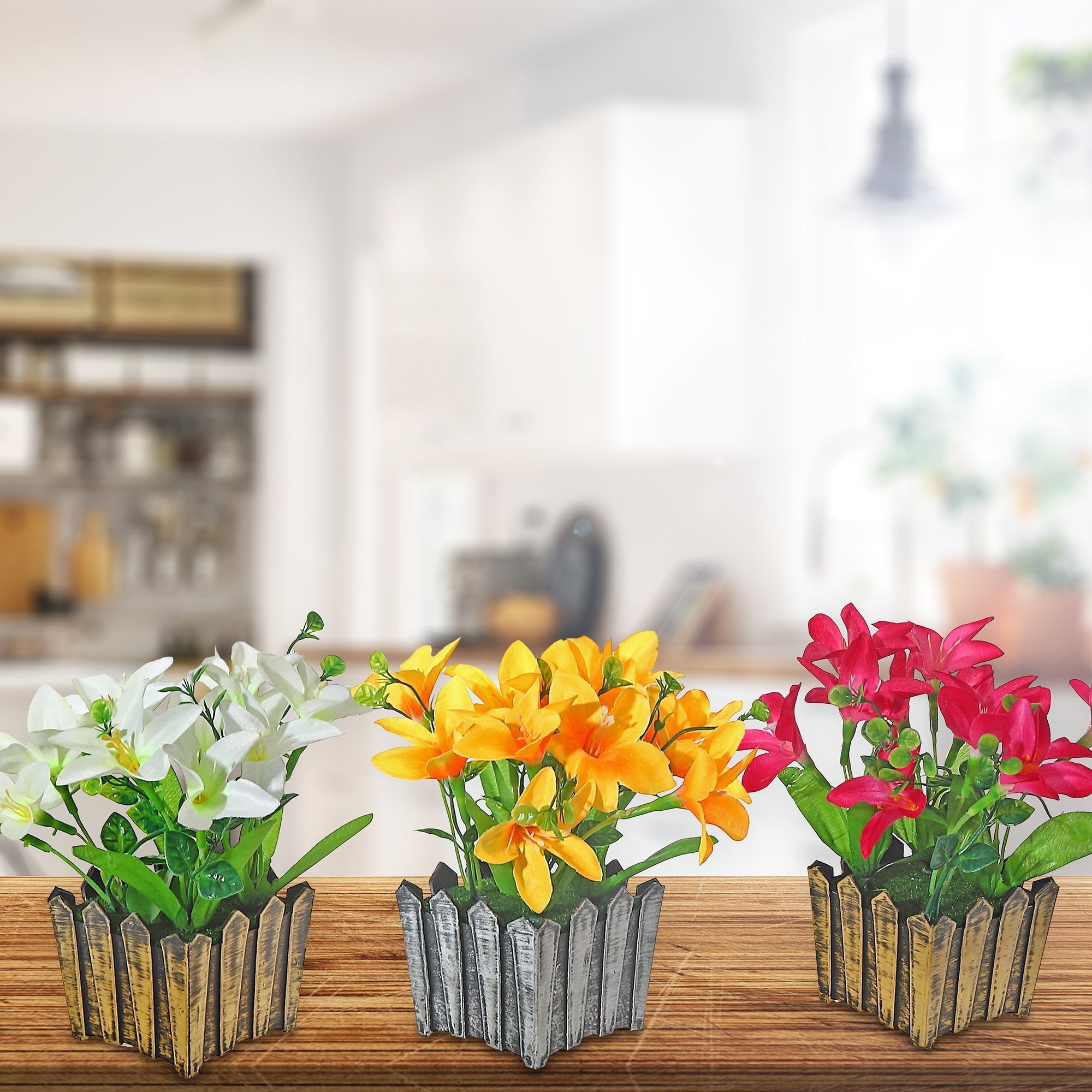 Artificial Lily In Bronze Pot Assorted Decorative Indoor Floral Arrangement