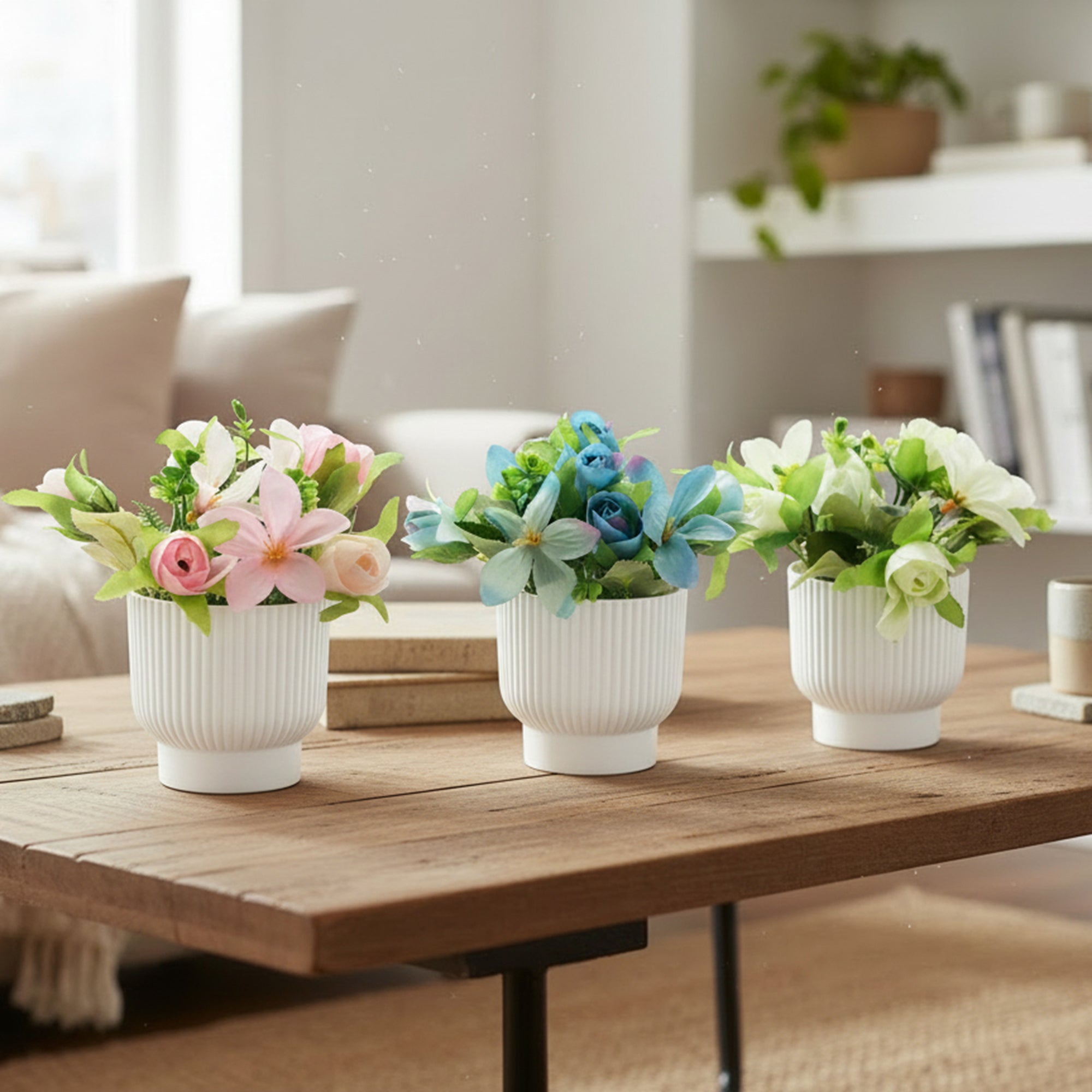 Artificial Lily Rose Arrangement in Plastic Pot - Set of 3