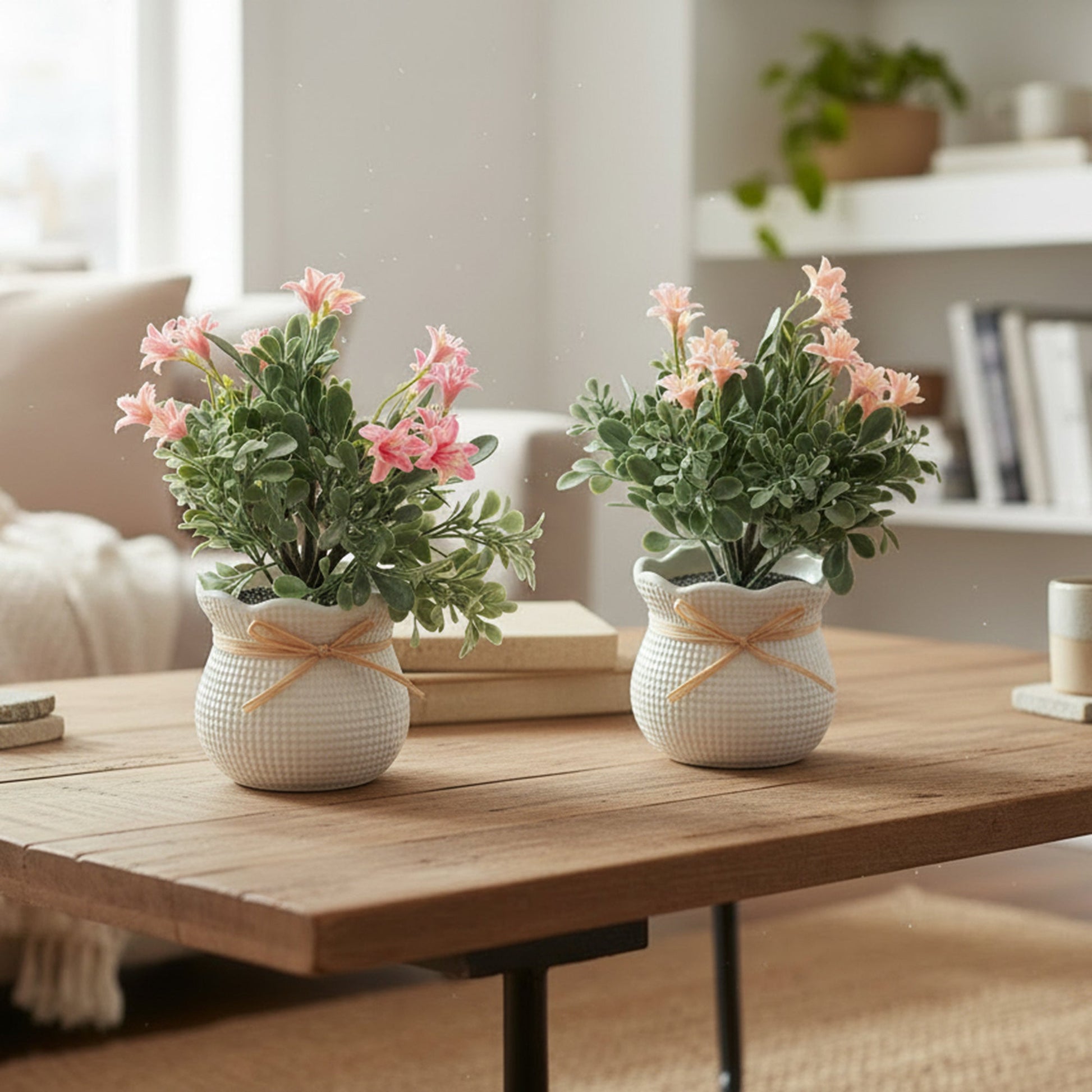 Artificial Lily Plant in Plastic Pot with Ribbon - Set of 2