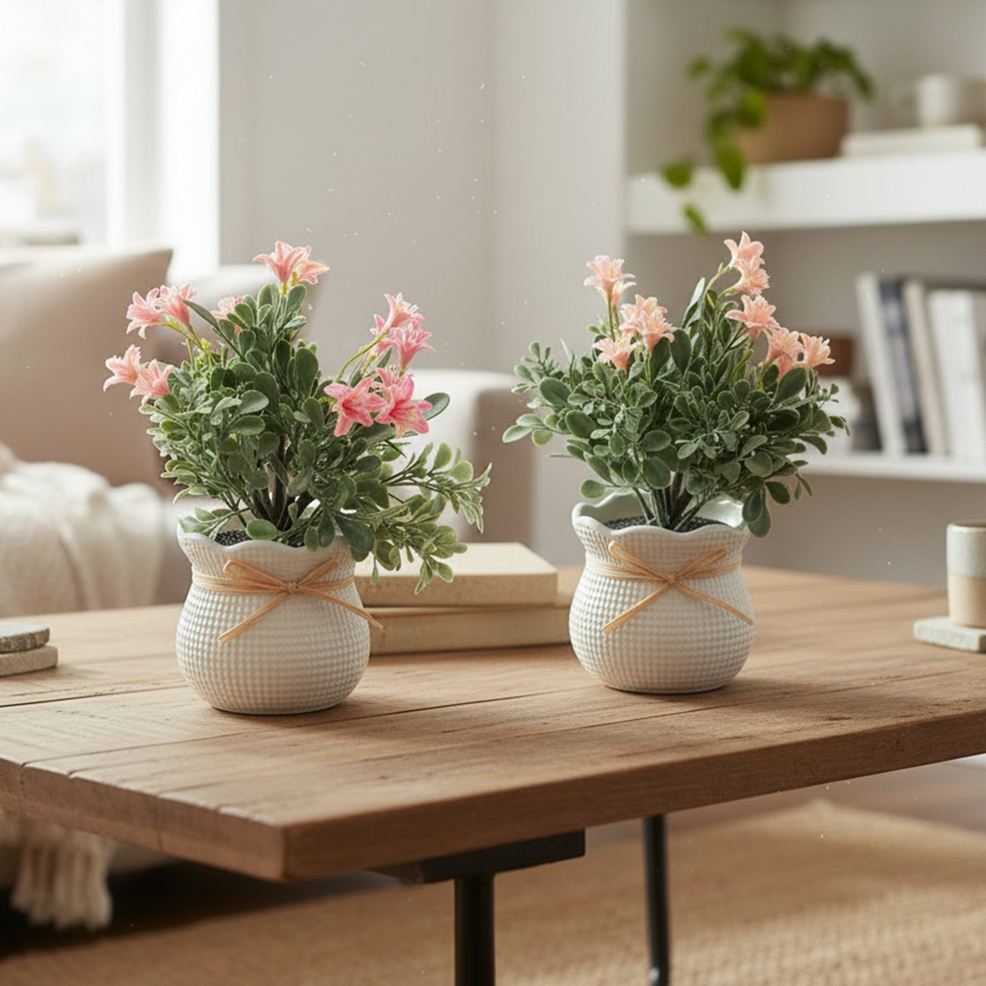 Artificial Lily Plant in Plastic Pot with Ribbon - Set of 2