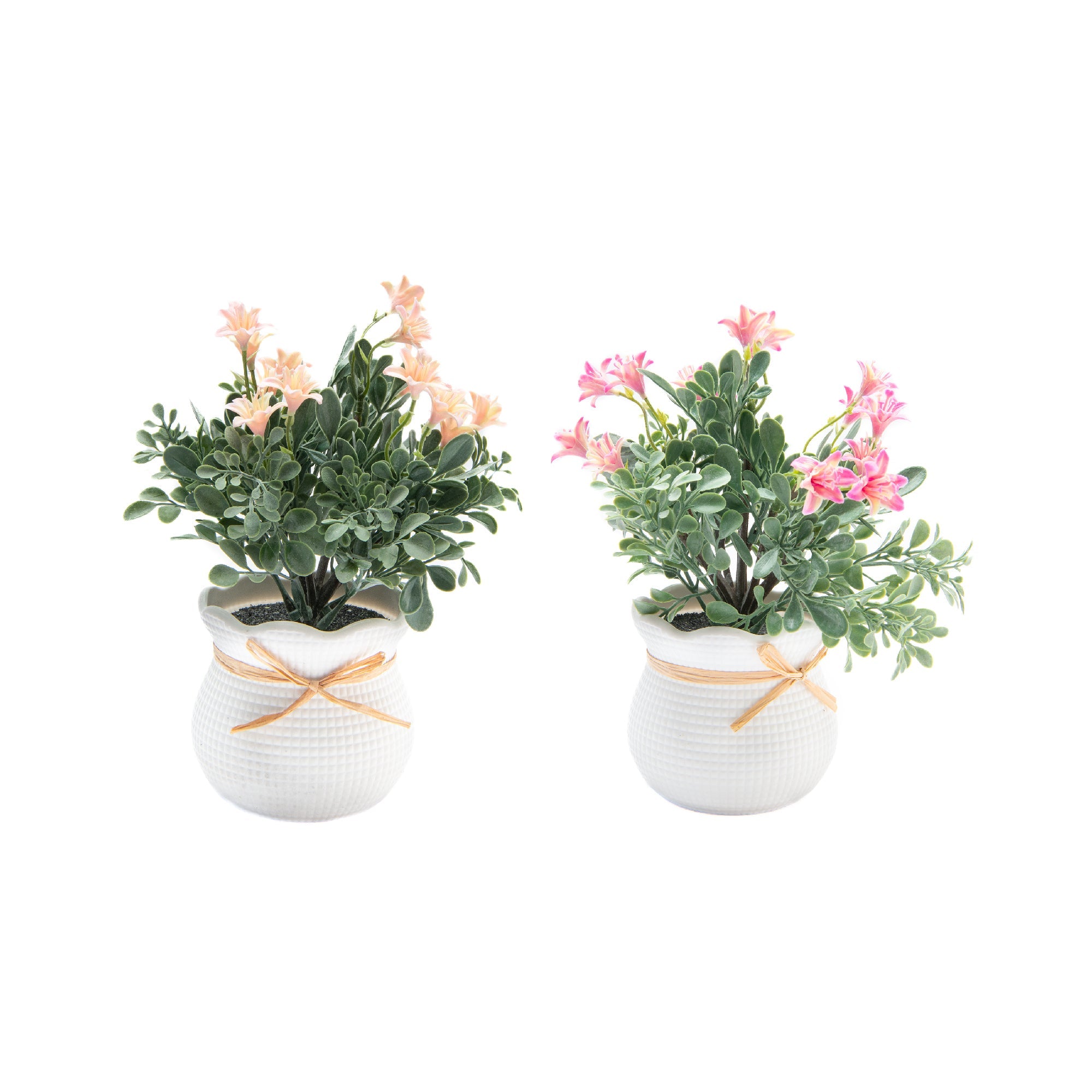 Artificial Lily Plant in Plastic Pot with Ribbon - Set of 2