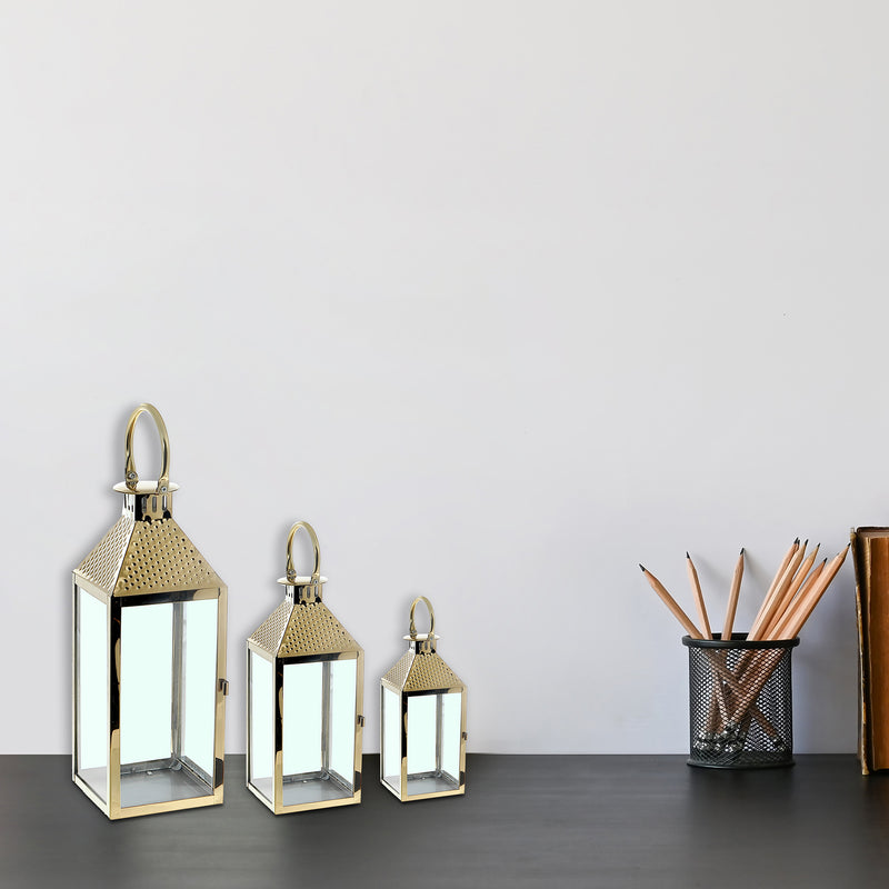Metal Hammered Top Nested Lantern Set Of 3 Gold