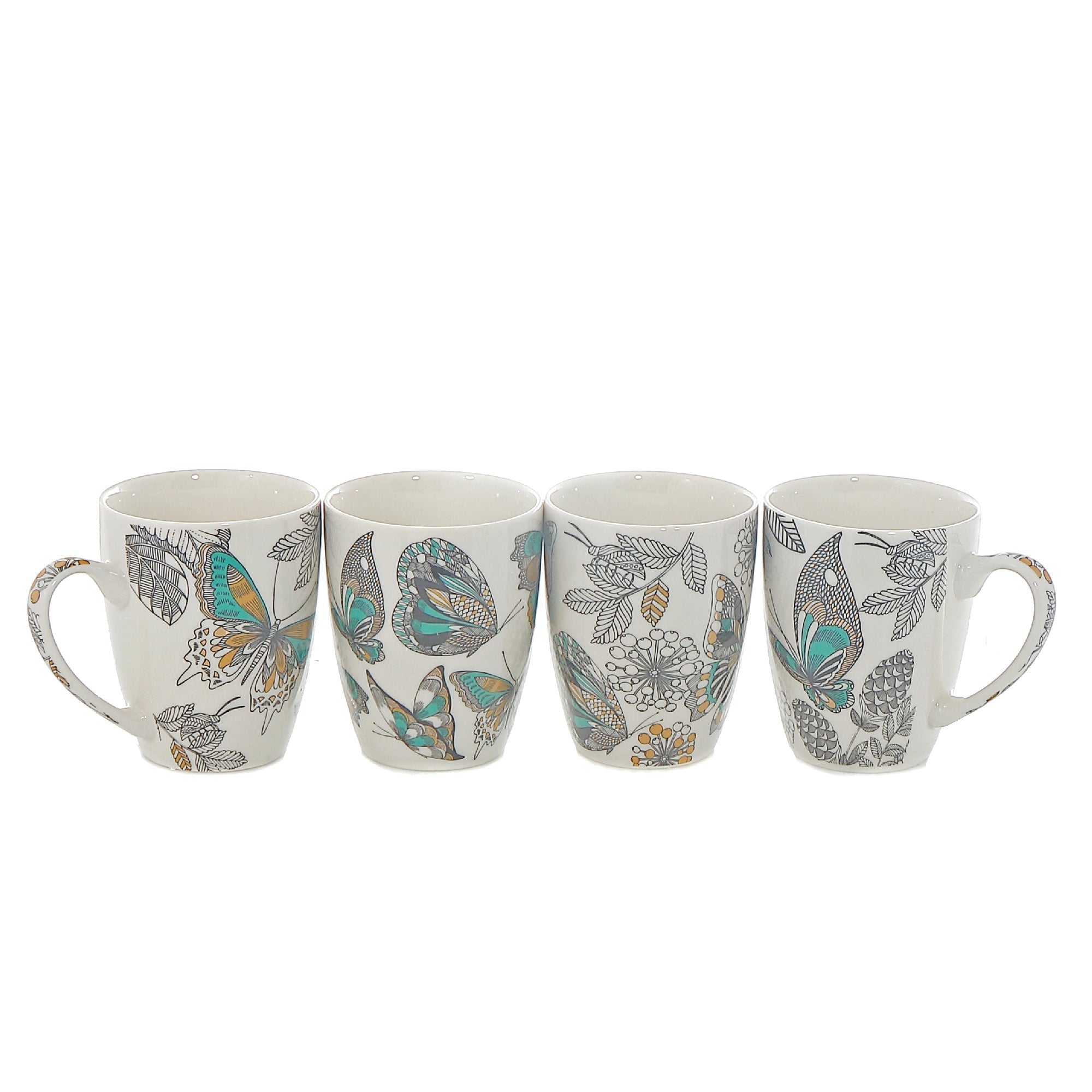 Ceramic Mugs Assorted Butterfly Set Of 4, Butterfly Ceramic Mug Set, Garden Themed Coffee Cups, Decorative Tea Mugs