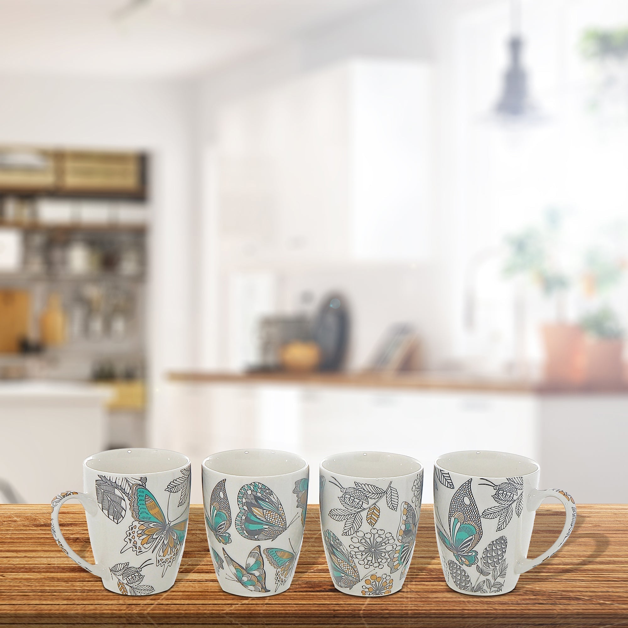 Ceramic Mugs Assorted Butterfly Set Of 4, Butterfly Ceramic Mug Set, Garden Themed Coffee Cups, Decorative Tea Mugs