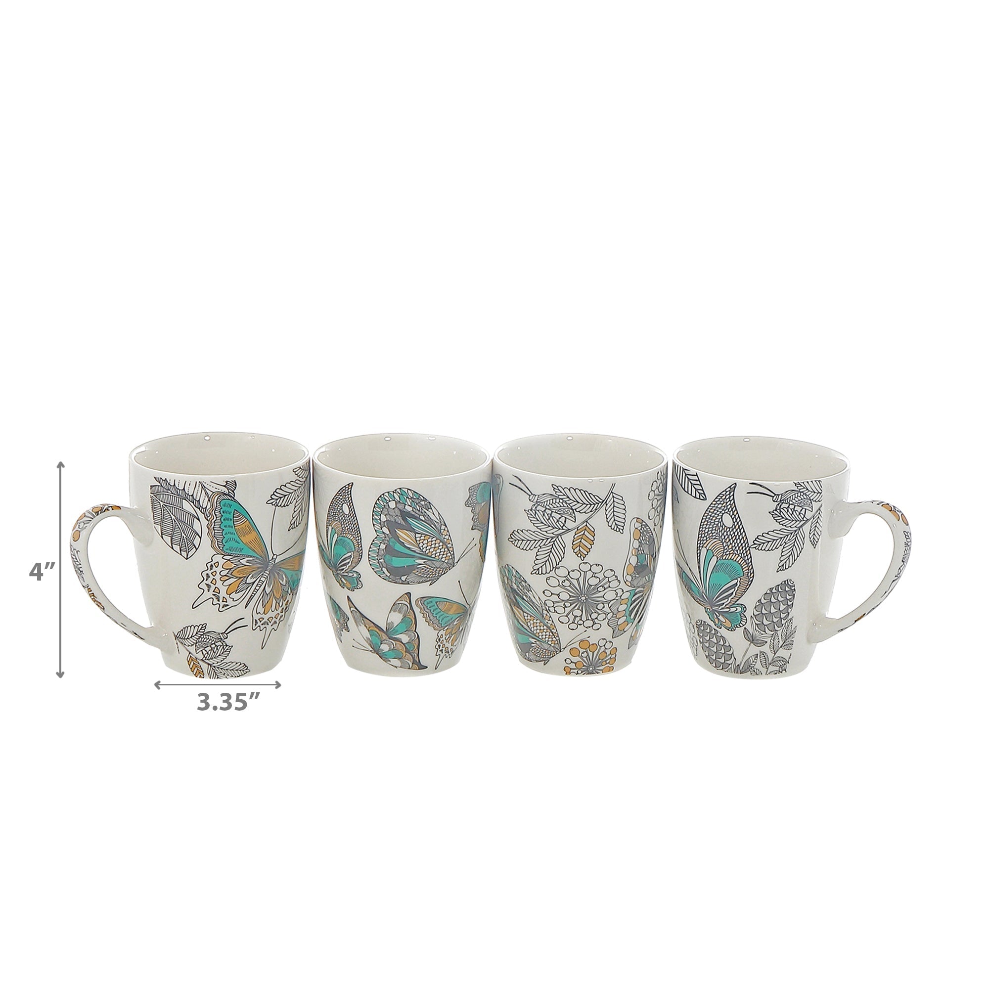 Ceramic Mugs Assorted Butterfly Set Of 4, Butterfly Ceramic Mug Set, Garden Themed Coffee Cups, Decorative Tea Mugs