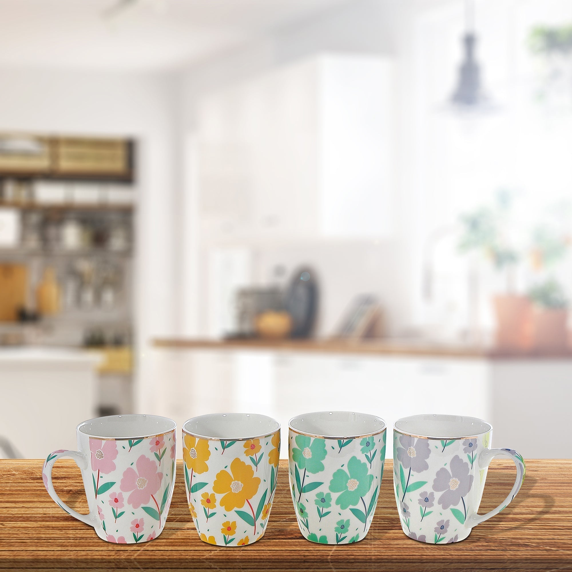 Ceramic Mugs Assorted Floral Set Of 4, Floral Ceramic Mug Set, Flower Pattern Coffee Cups, Decorative Tea Drinkware