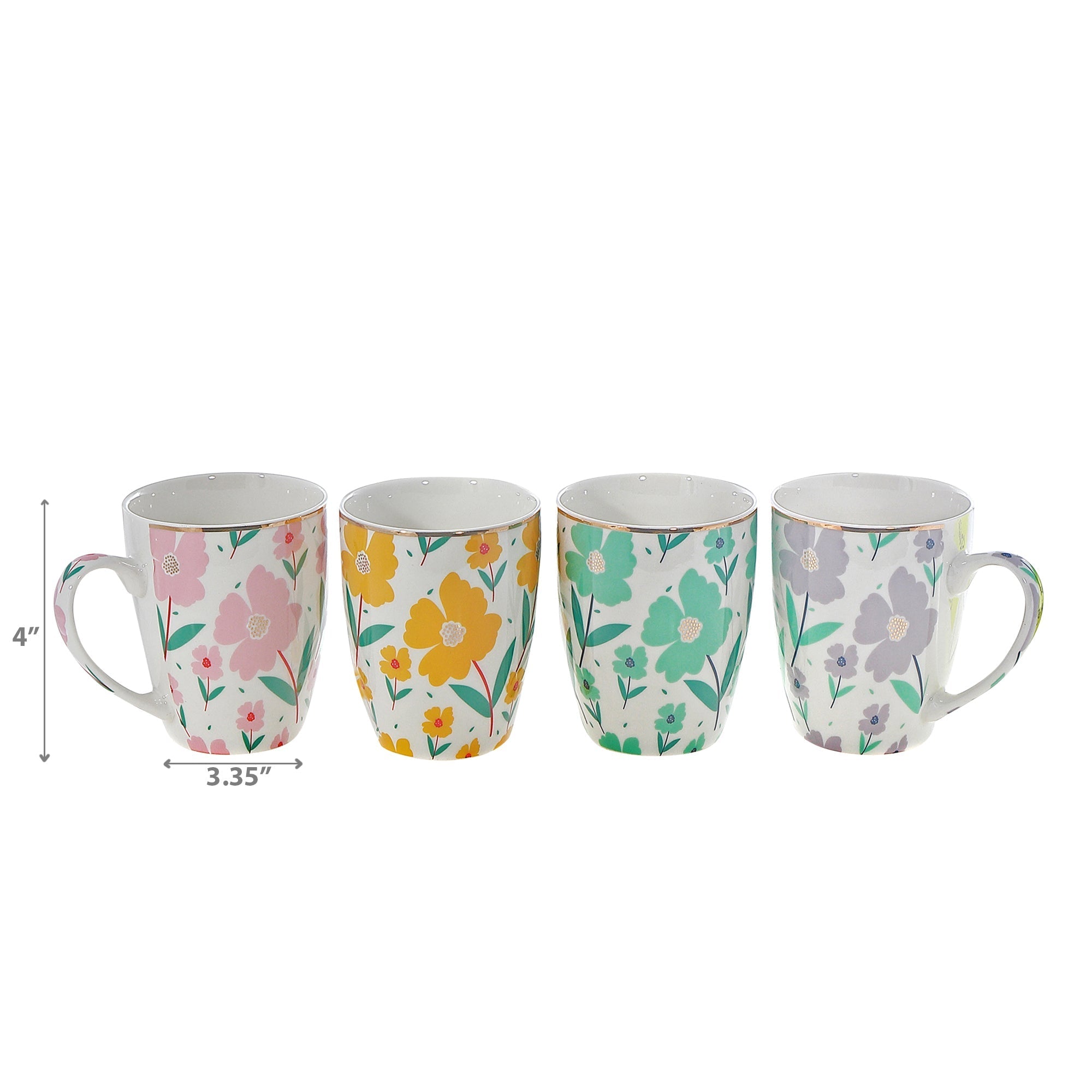 Ceramic Mugs Assorted Floral Set Of 4, Floral Ceramic Mug Set, Flower Pattern Coffee Cups, Decorative Tea Drinkware