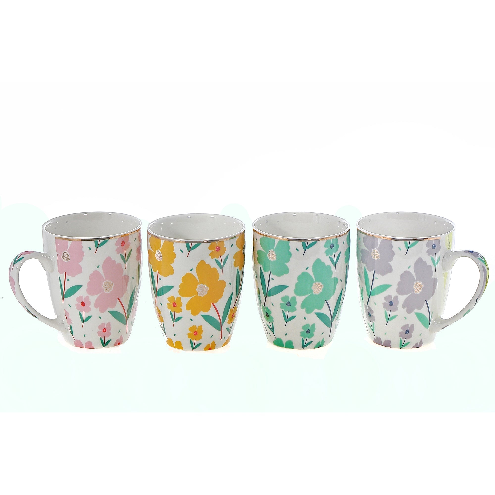 Ceramic Mugs Assorted Floral Set Of 4, Floral Ceramic Mug Set, Flower Pattern Coffee Cups, Decorative Tea Drinkware
