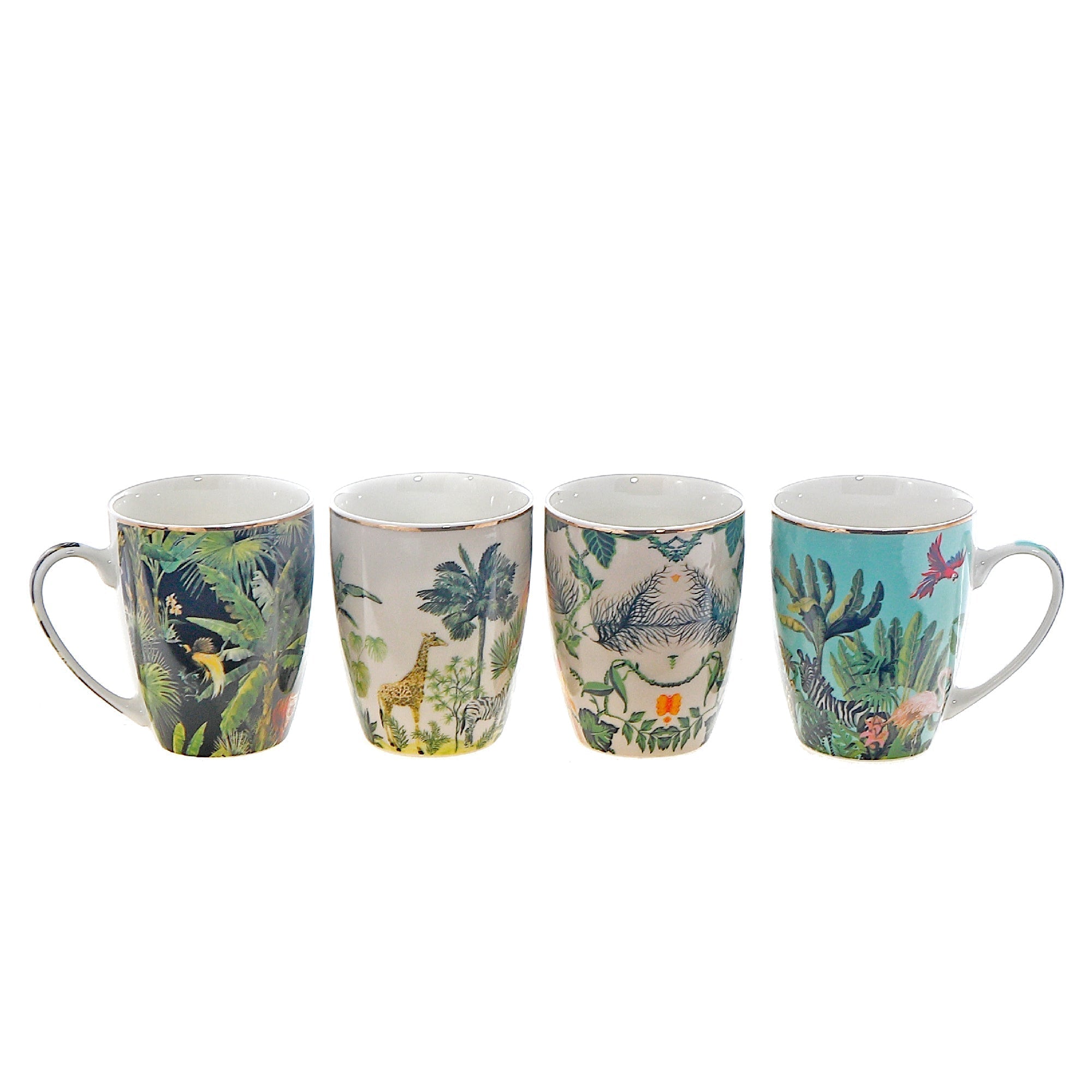 Ceramic Mugs Assorted Tropical Set Of 4, Tropical Print Ceramic Mug Set, Summer Themed Coffee Cups, Colorful Tea Mugs