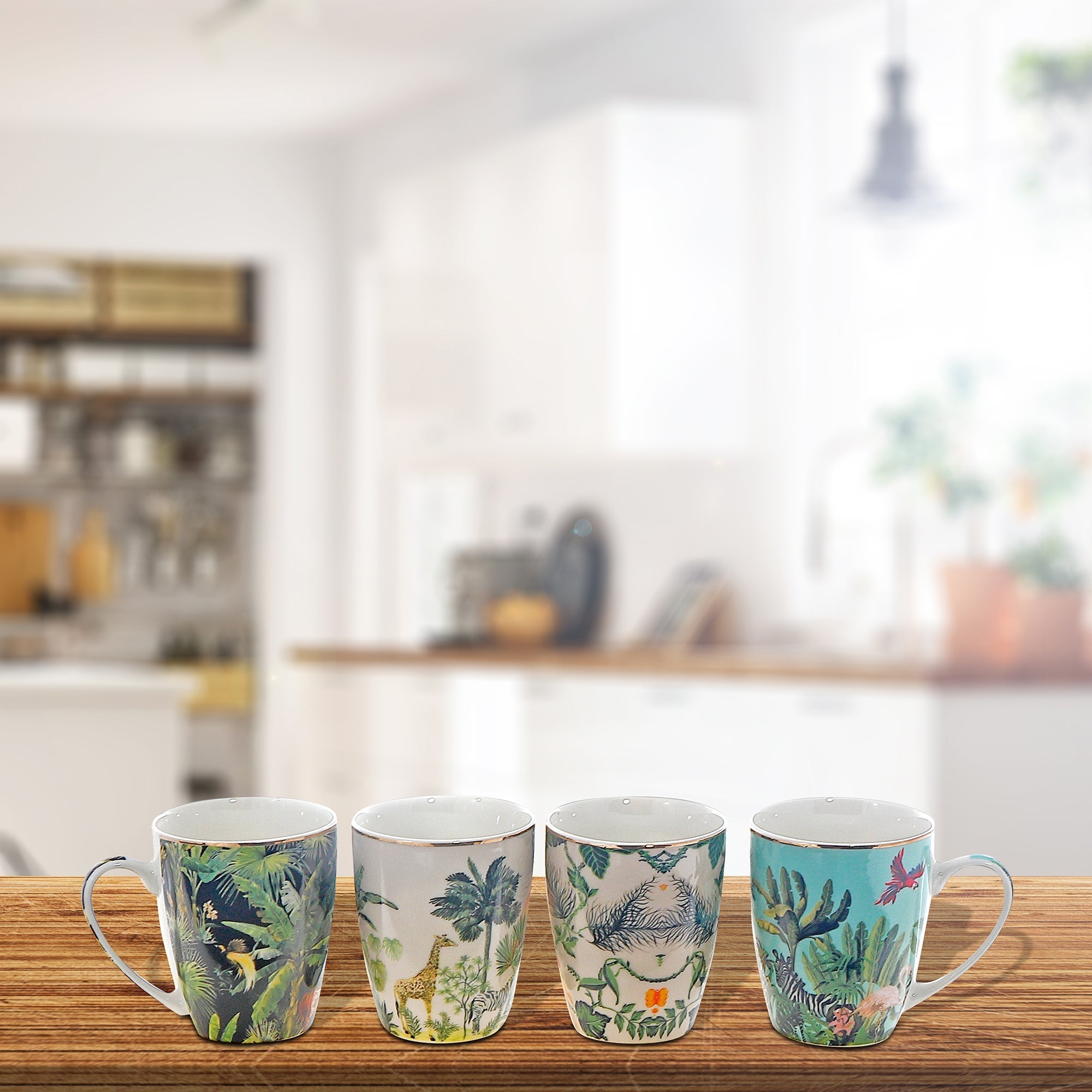 Ceramic Mugs Assorted Tropical Set Of 4, Tropical Print Ceramic Mug Set, Summer Themed Coffee Cups, Colorful Tea Mugs