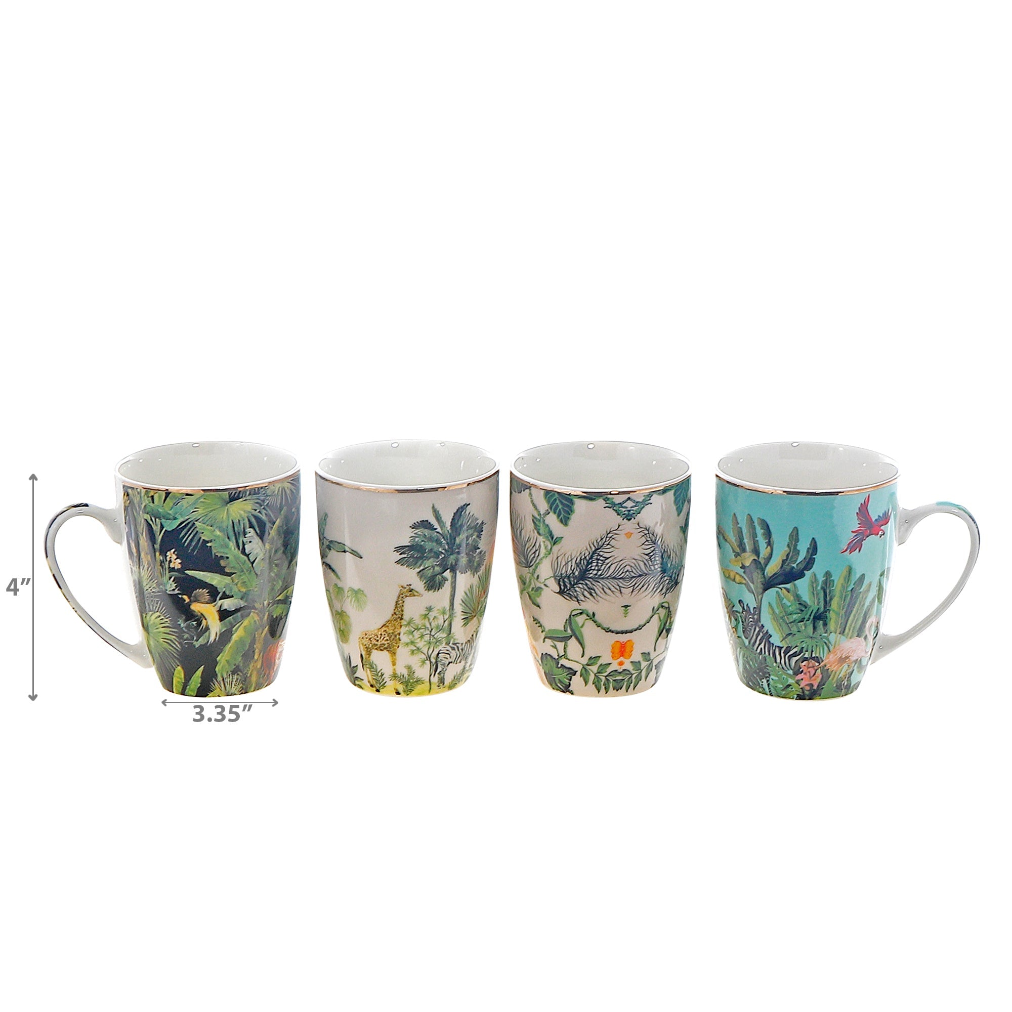 Ceramic Mugs Assorted Tropical Set Of 4, Tropical Print Ceramic Mug Set, Summer Themed Coffee Cups, Colorful Tea Mugs