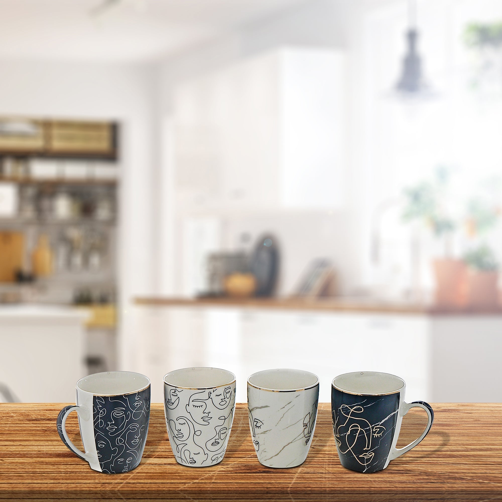 Ceramic Mugs Assorted Art Decorative Face Set Of 4, Artistic Face Ceramic Mug Set, Modern Art Coffee Cups, Unique Decorative Drinkware