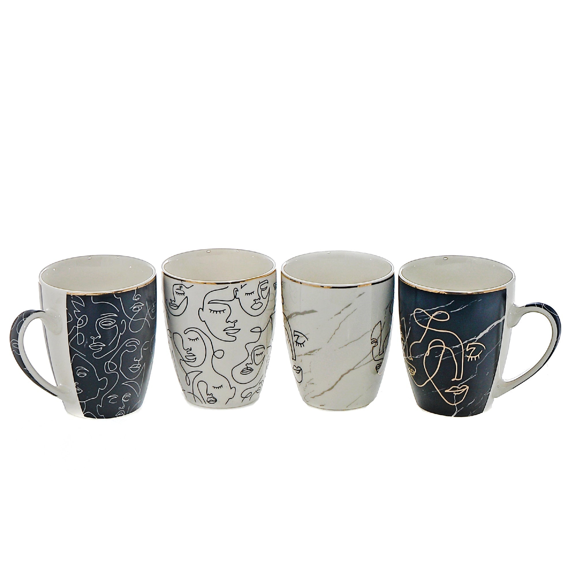 Ceramic Mugs Assorted Art Decorative Face Set Of 4, Artistic Face Ceramic Mug Set, Modern Art Coffee Cups, Unique Decorative Drinkware