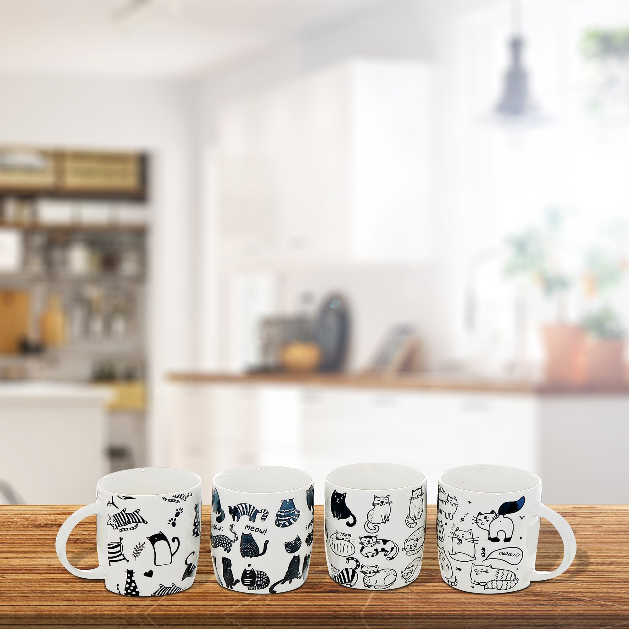 Ceramic Mugs Assorted Black & White Cat Set Of 4, Black And White Cat Ceramic Mug Set, Animal Lover Coffee Cups, Decorative Tea Mugs