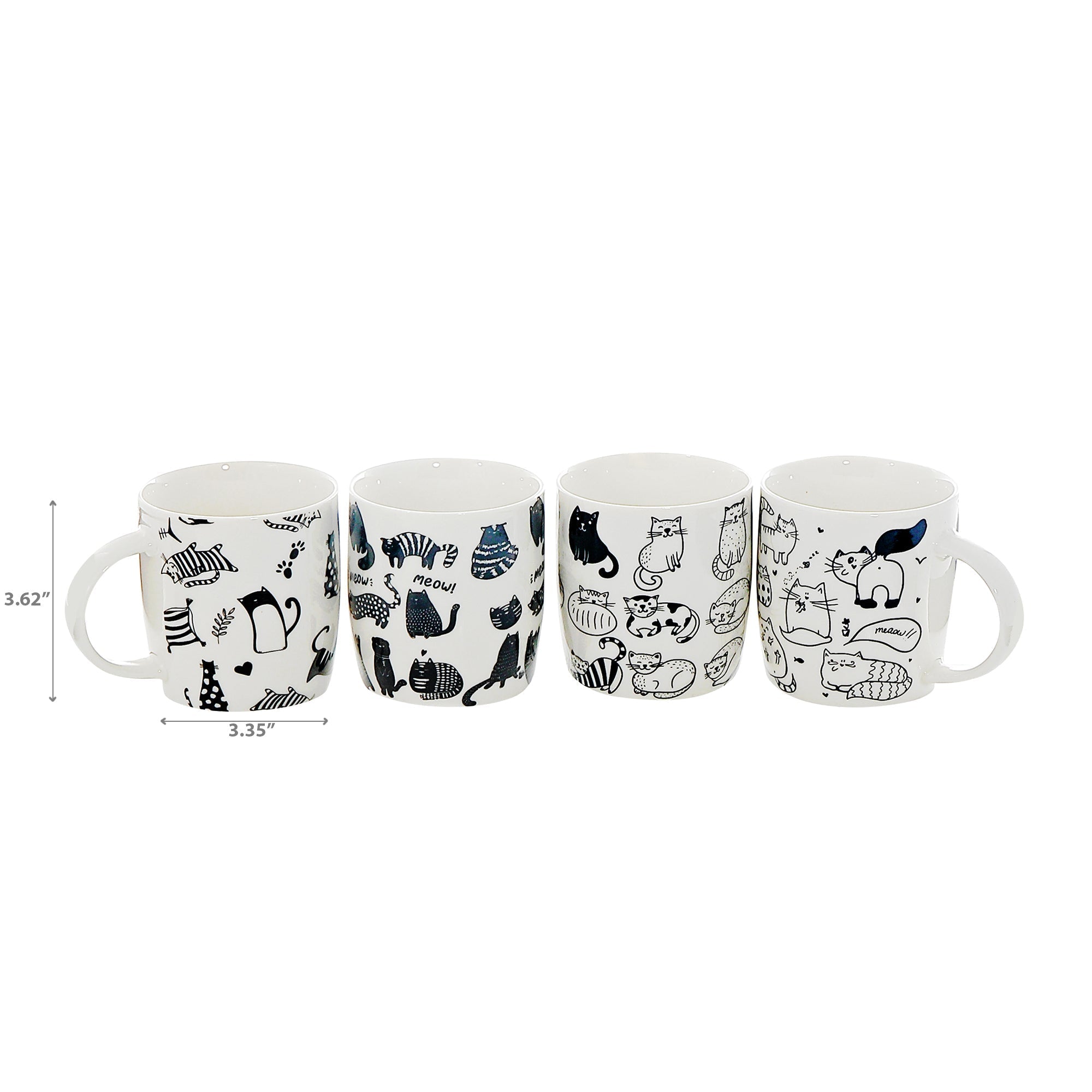 Ceramic Mugs Assorted Black & White Cat Set Of 4, Black And White Cat Ceramic Mug Set, Animal Lover Coffee Cups, Decorative Tea Mugs