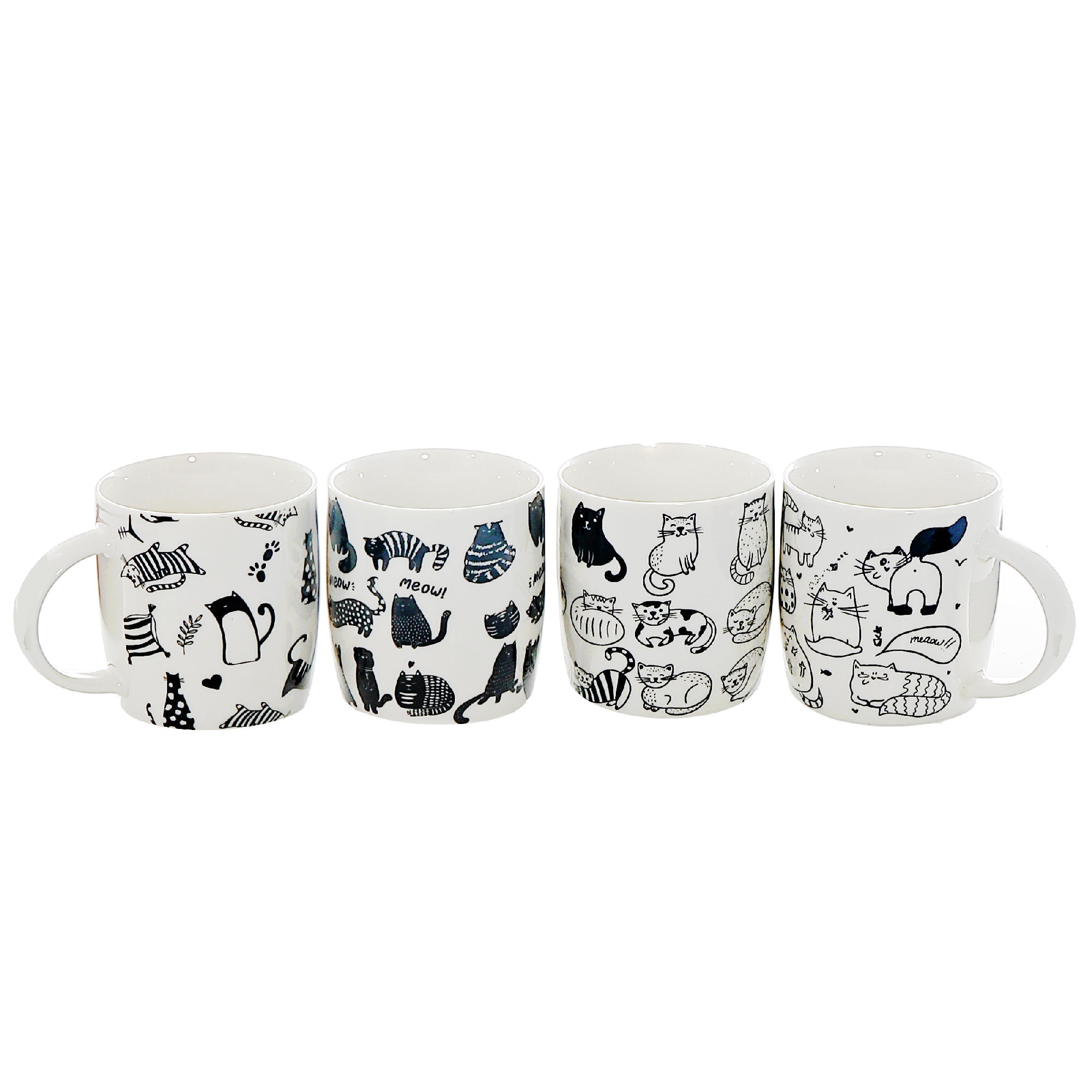 Ceramic Mugs Assorted Black & White Cat Set Of 4, Black And White Cat Ceramic Mug Set, Animal Lover Coffee Cups, Decorative Tea Mugs