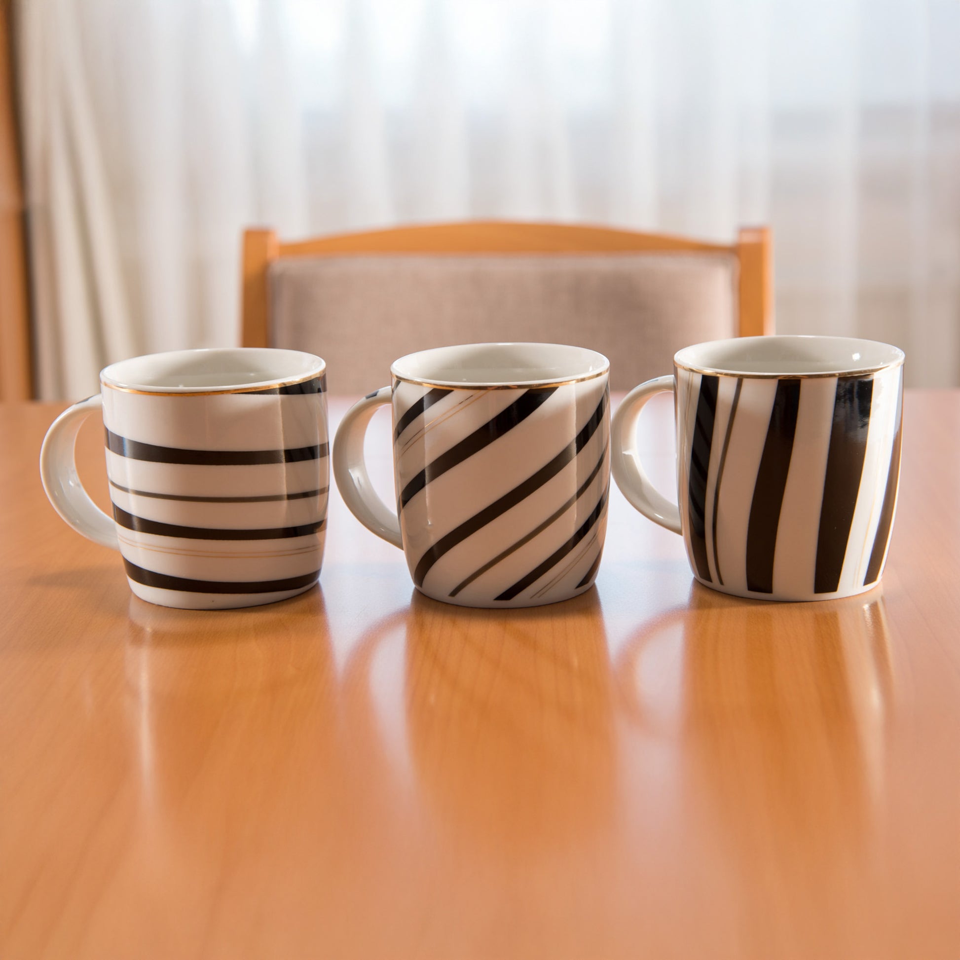 Ceramic Coffee Mugs with Black Stripe Design – Assorted - Set of 3