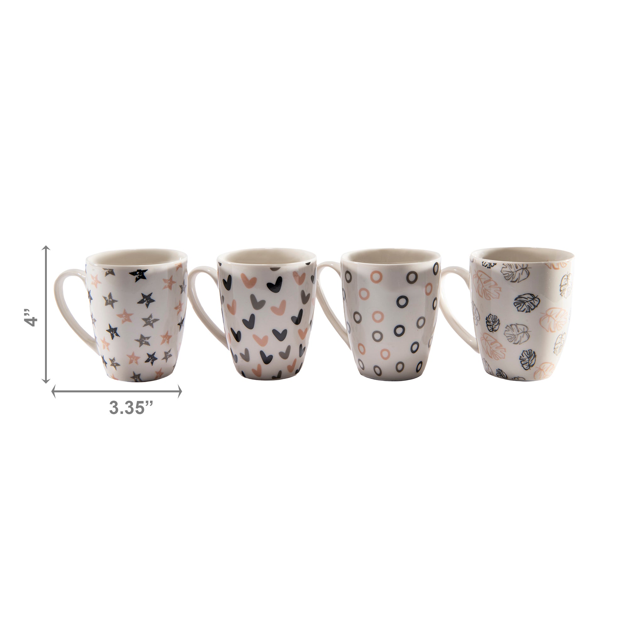 Ceramic Coffee Mugs with Decorative Prints – Assorted - Set of 4