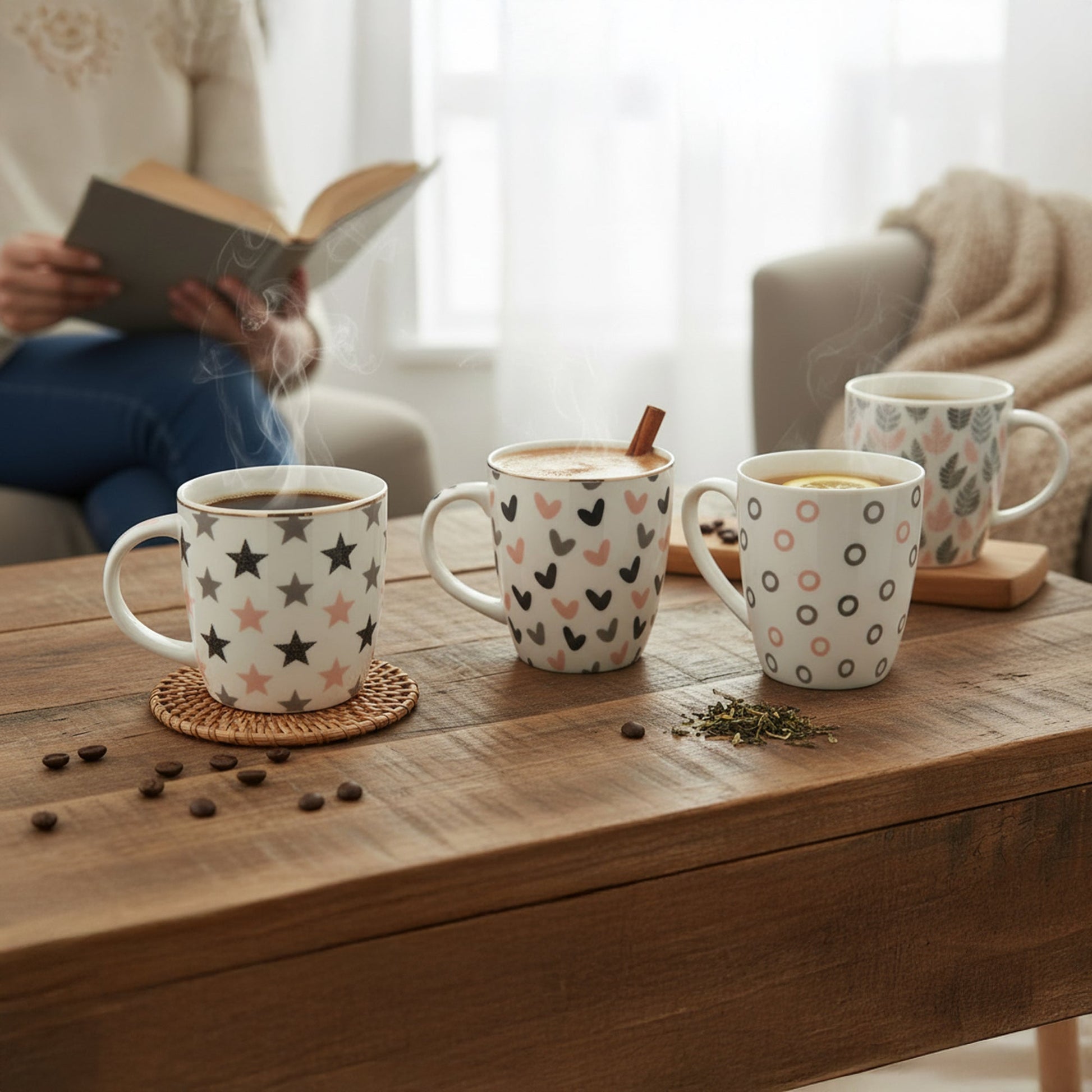 Ceramic Coffee Mugs with Decorative Prints – Assorted - Set of 4